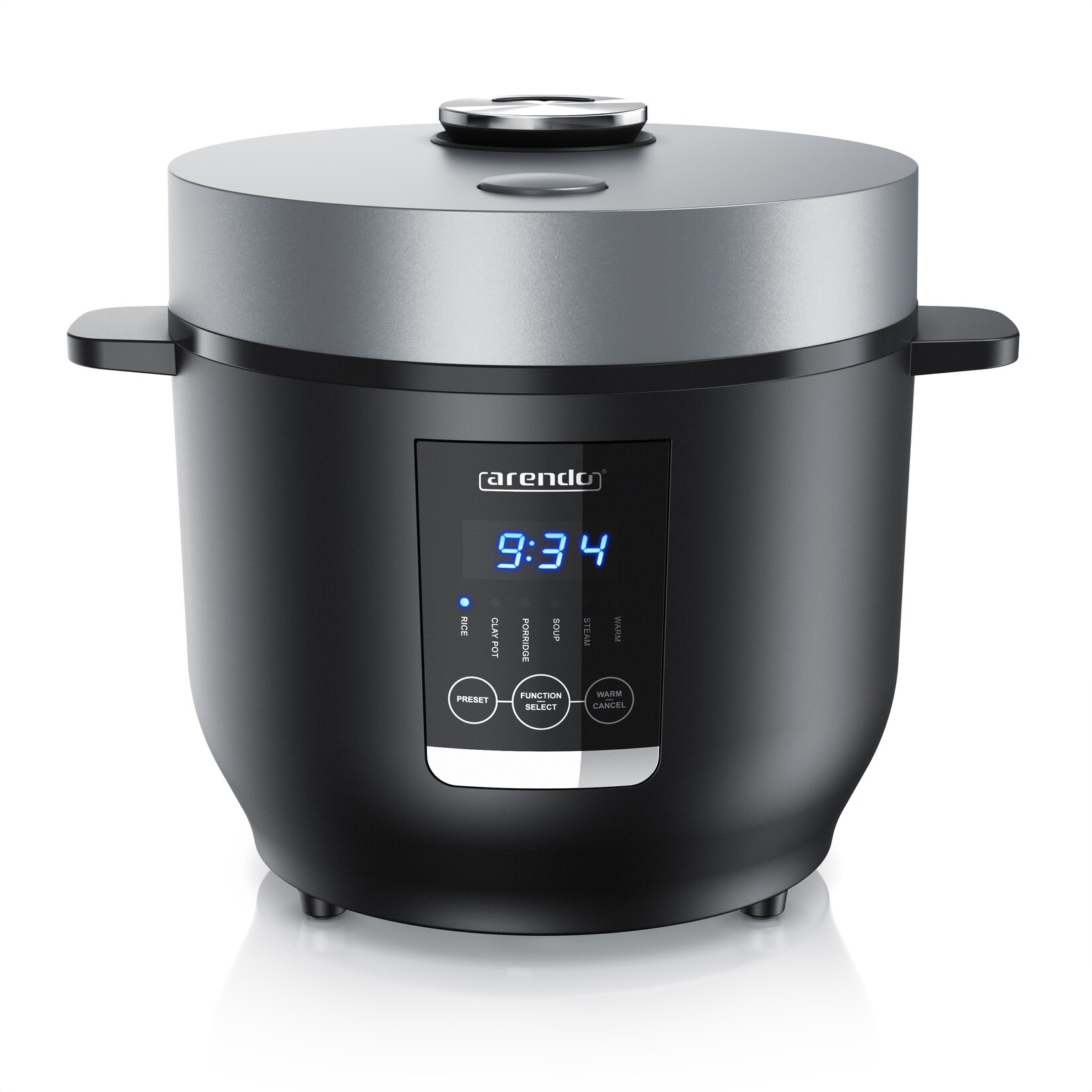 Arendo Reiskocher Digital, 350 Watt, 2L, 5 Kochprogramme, Timer, Warmhaltefunktion, BPA-frei, inkl. Messbecher & Reislöffel, Schwarz/Silber