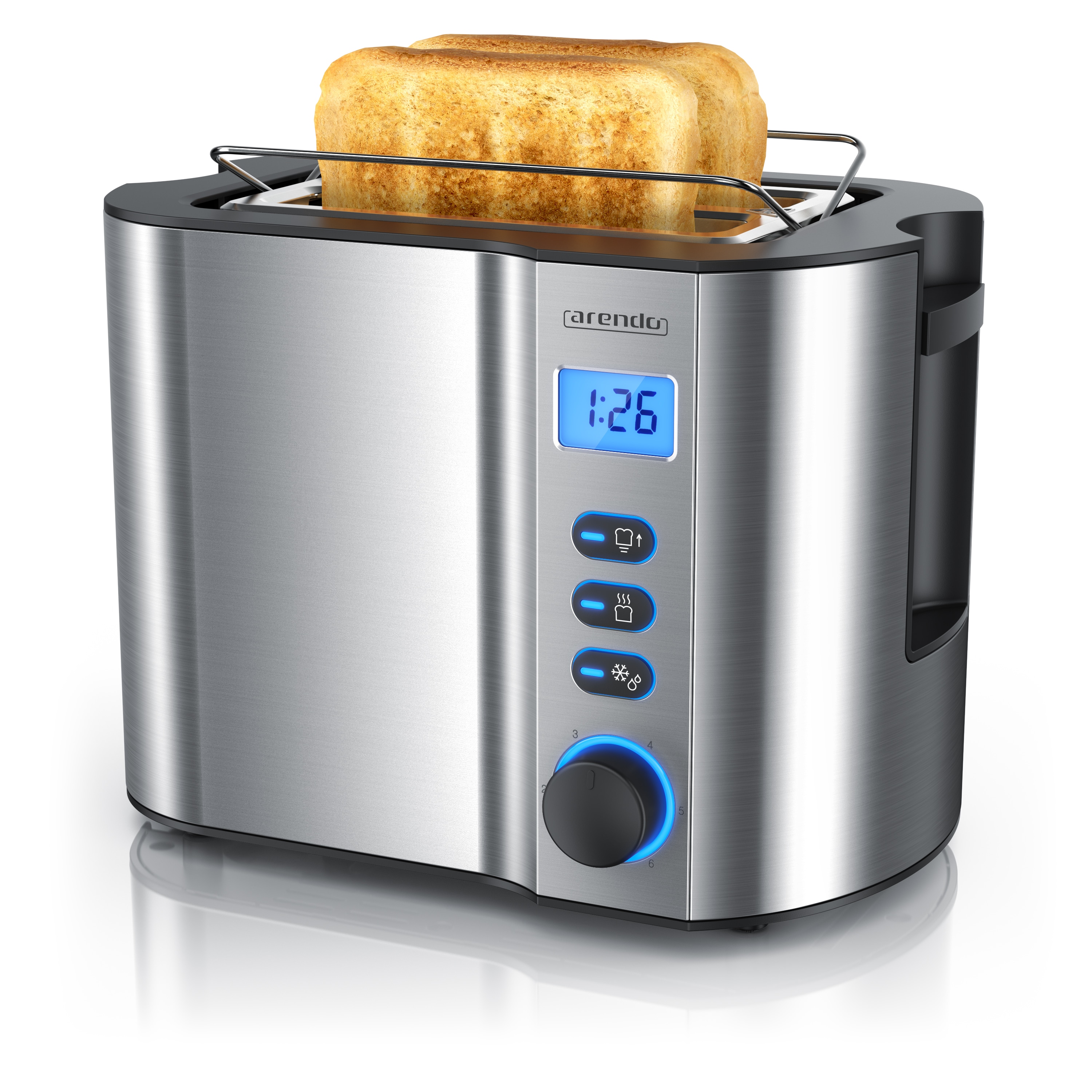 Arendo Toaster f&uuml;r 2 Scheiben mit Restzeitanzeige, 800W, w&auml;rmeisolierendes Doppelwandgeh&auml;use, Br&ouml;tchenaufsatz, Auftaufunktion, Silber 