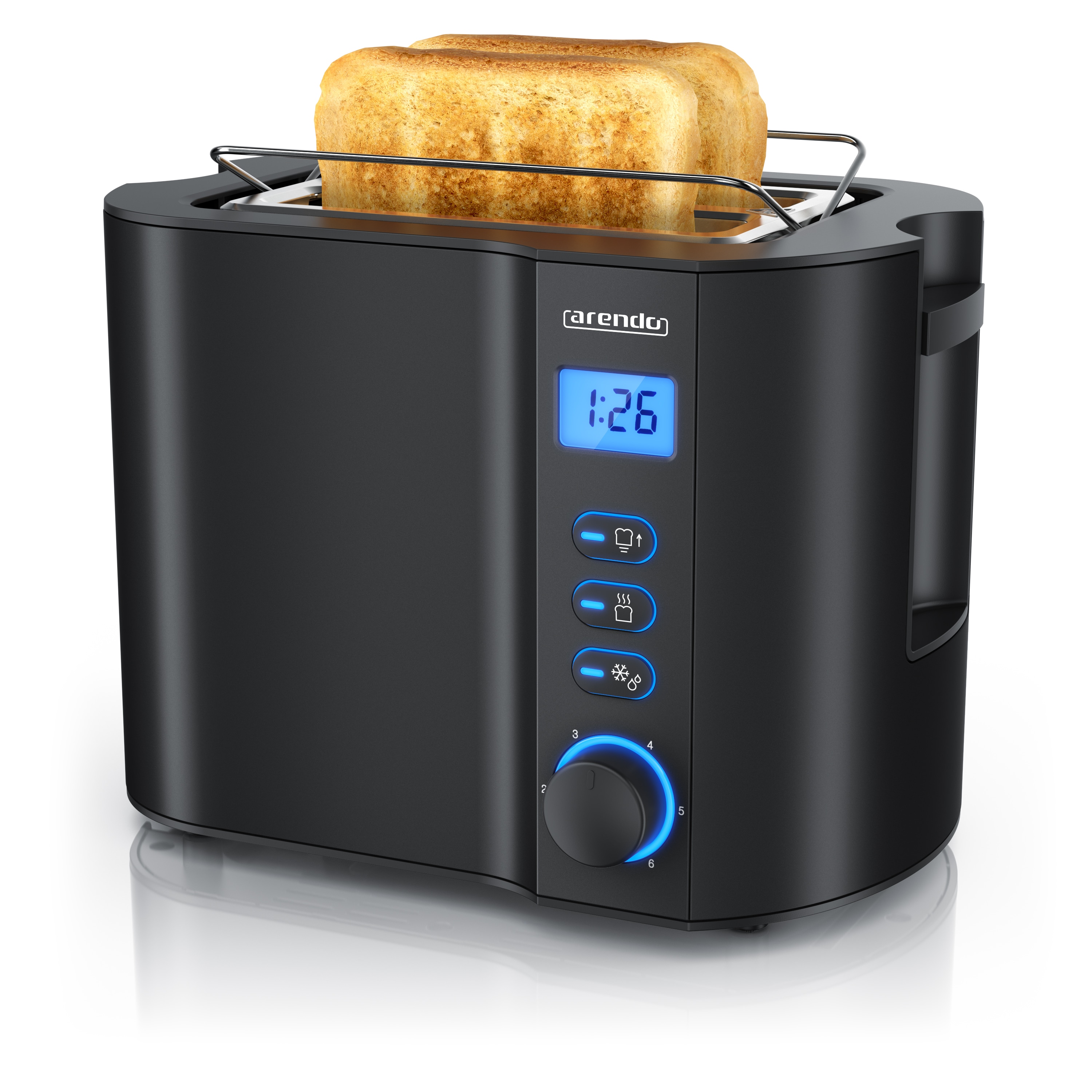 Arendo 2-Scheiben Toaster mit 6 Br&auml;unungsstufen, LCD-Display mit Restzeitanzeige, 800 Watt, Auftaufunktion, Br&ouml;tchenaufsatz, Schwarz 