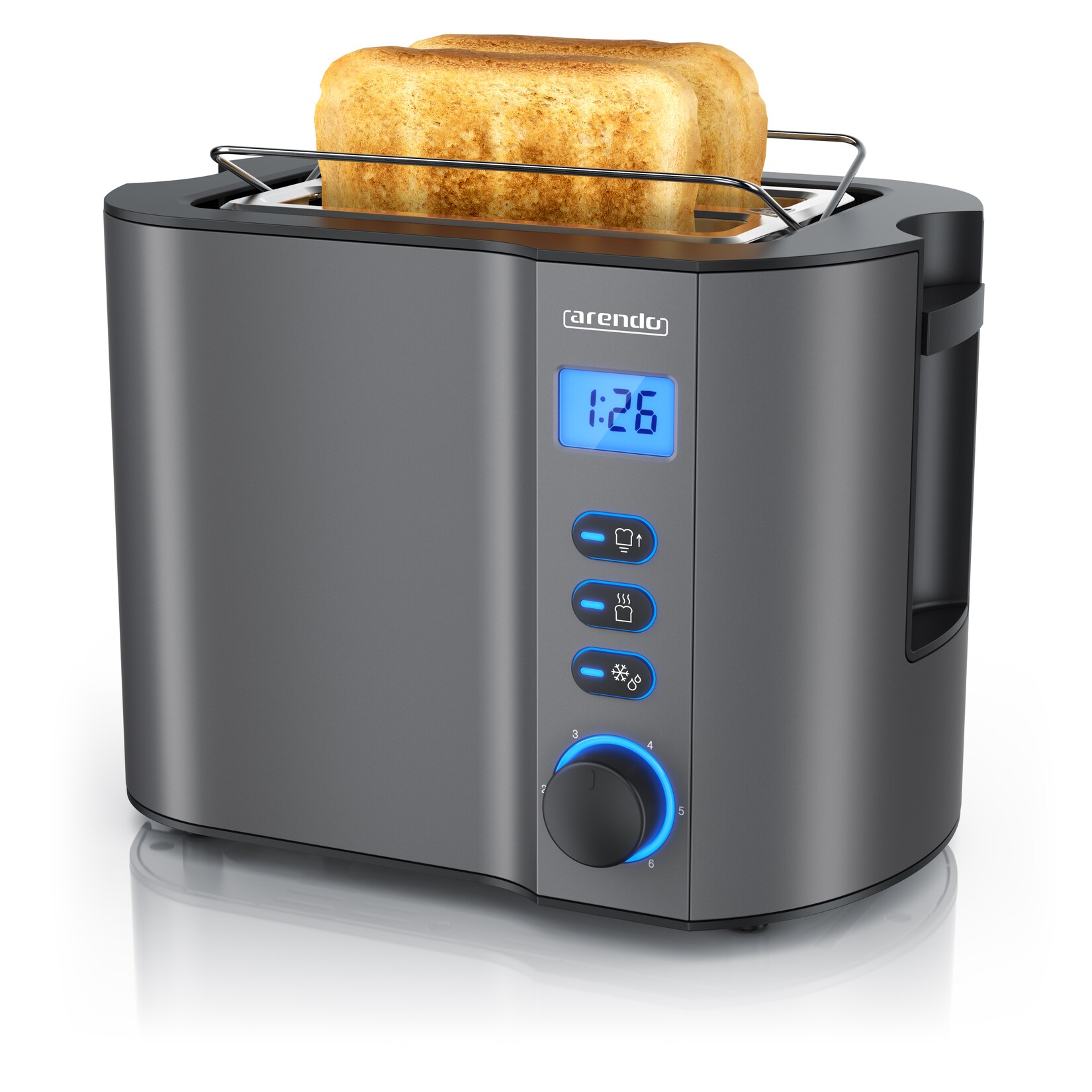 Arendo MANHA Toaster mit Restzeitanzeige, 2 Toastschlitze, integrierter Brötchenaufsatz, 6 Stufen, Auftaufunktion, 800W, Grau