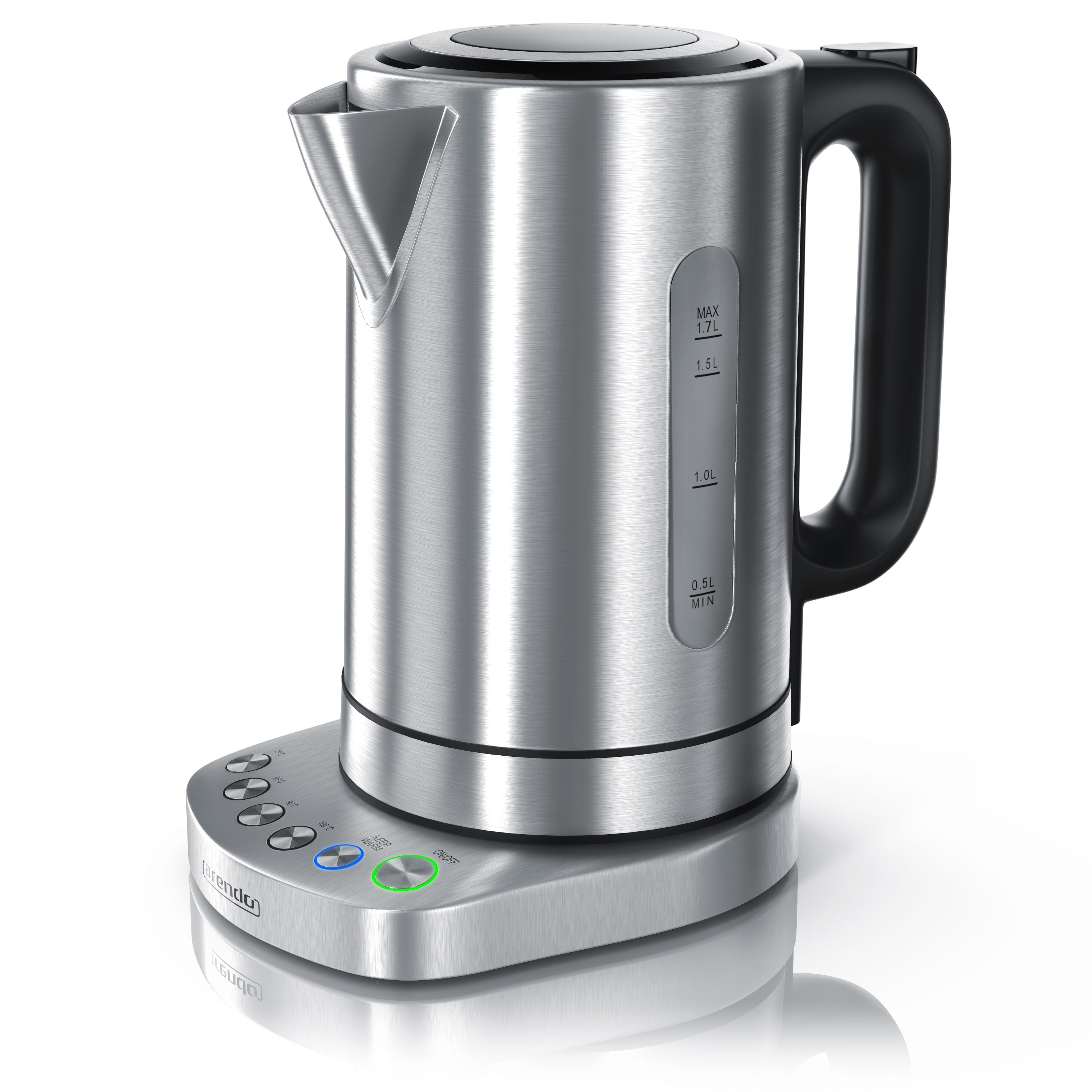 Arendo Wasserkocher 1,7 l, 3000 W, Edelstahl, Schnellkoch, einstellbare Temperatur, Warmhaltefunktion 