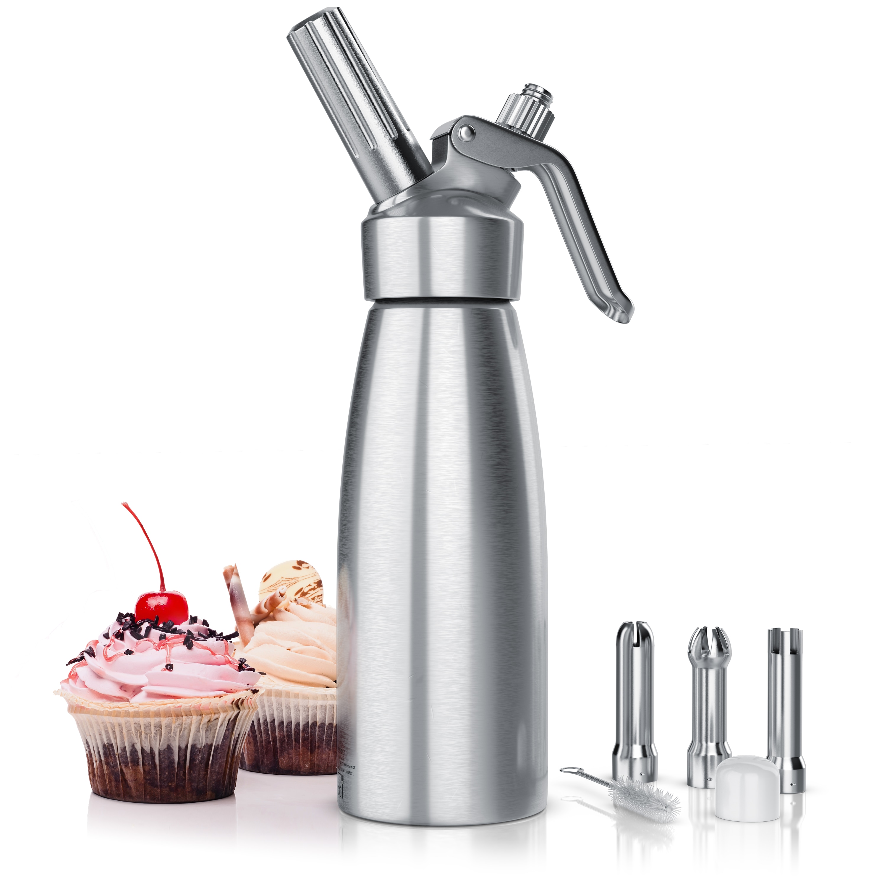 Arendo Profi Sahnespender 500ml, Sahnesyphon, 3 Edelstahld&uuml;sen, inkl. Reinigungsb&uuml;rste 