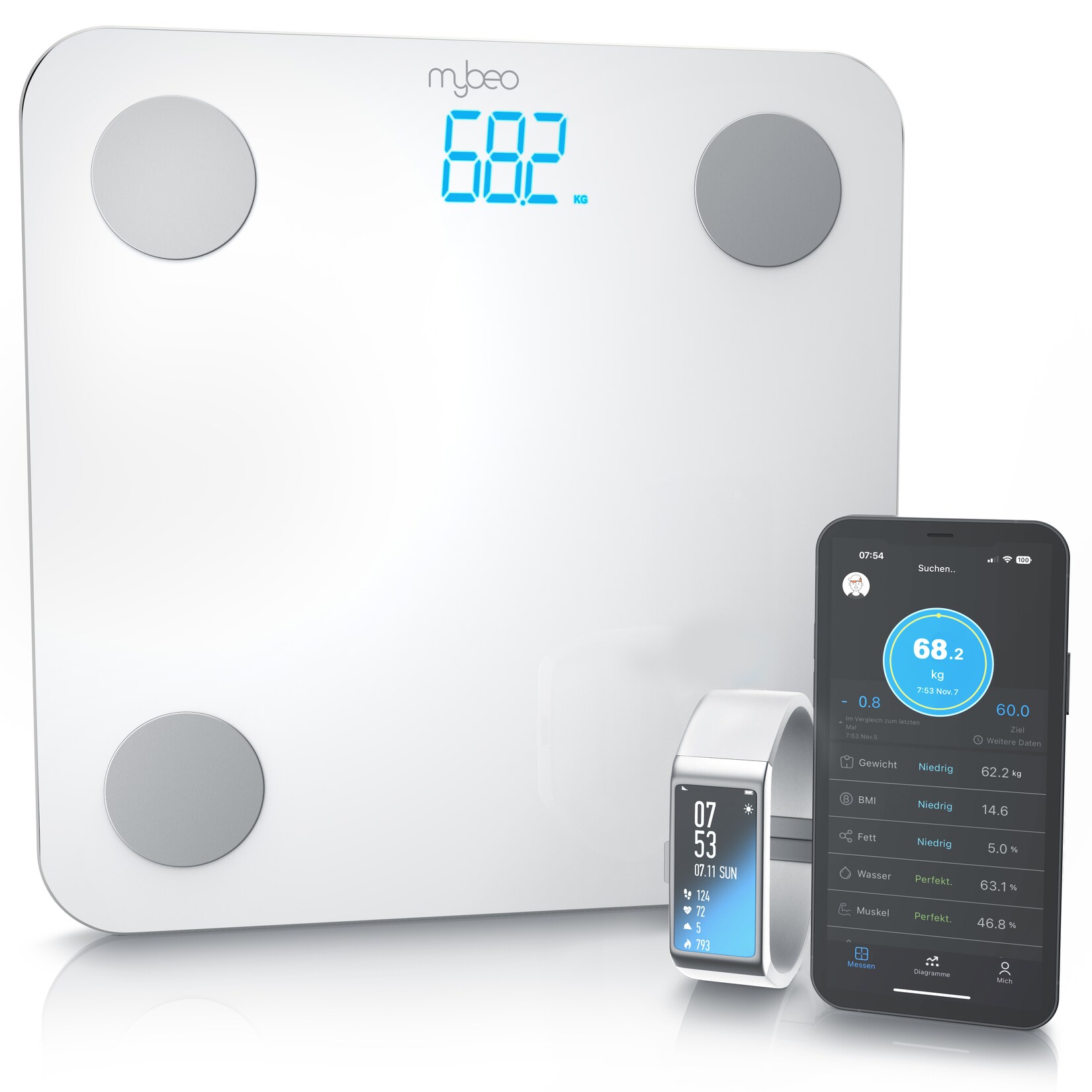 MyBeo Digitale Bluetooth Körperfettwaage Diagnosewaage mit App-Steuerung weiß