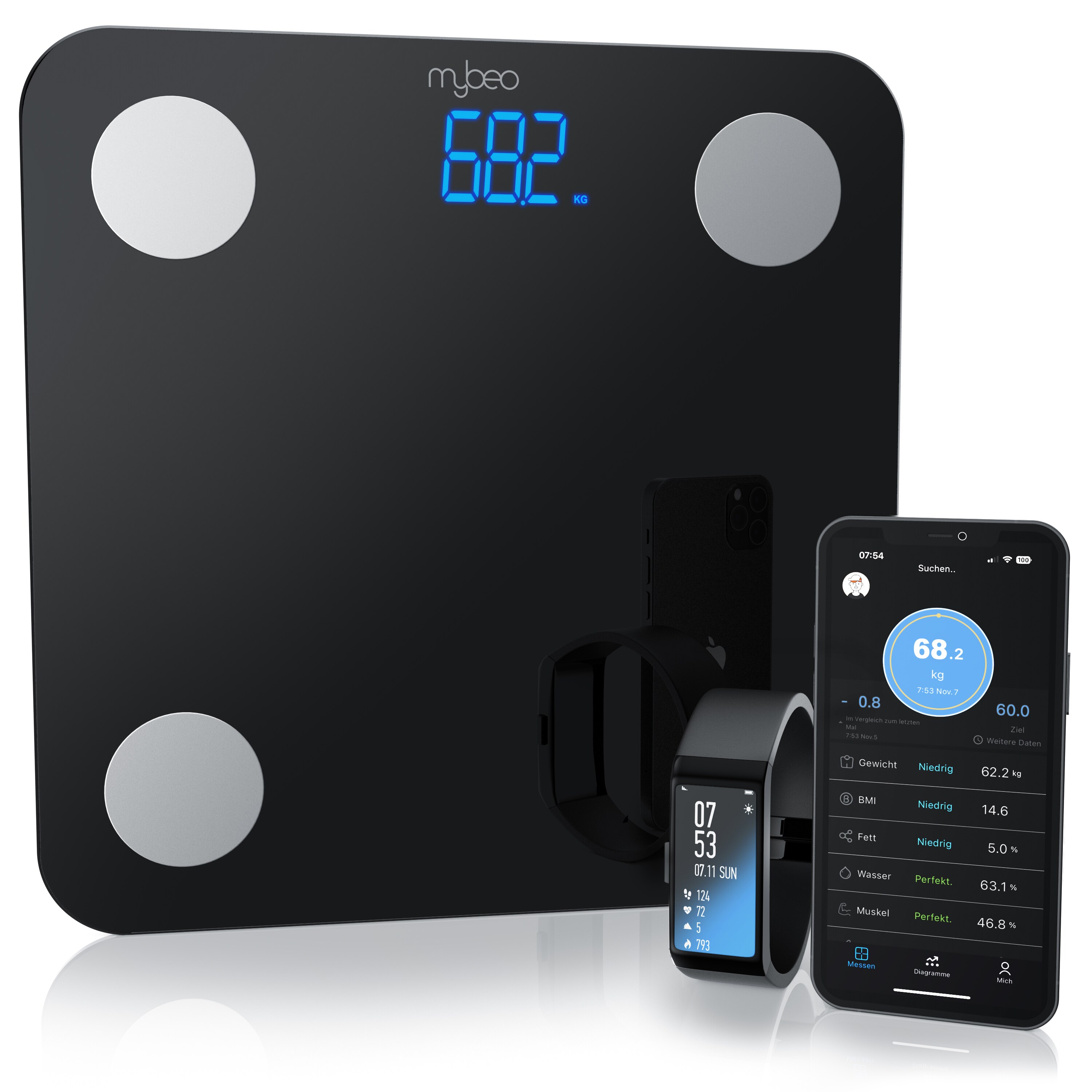 MyBeo Digitale Bluetooth K&ouml;rperfettwaage Diagnosewaage mit App-Steuerung 