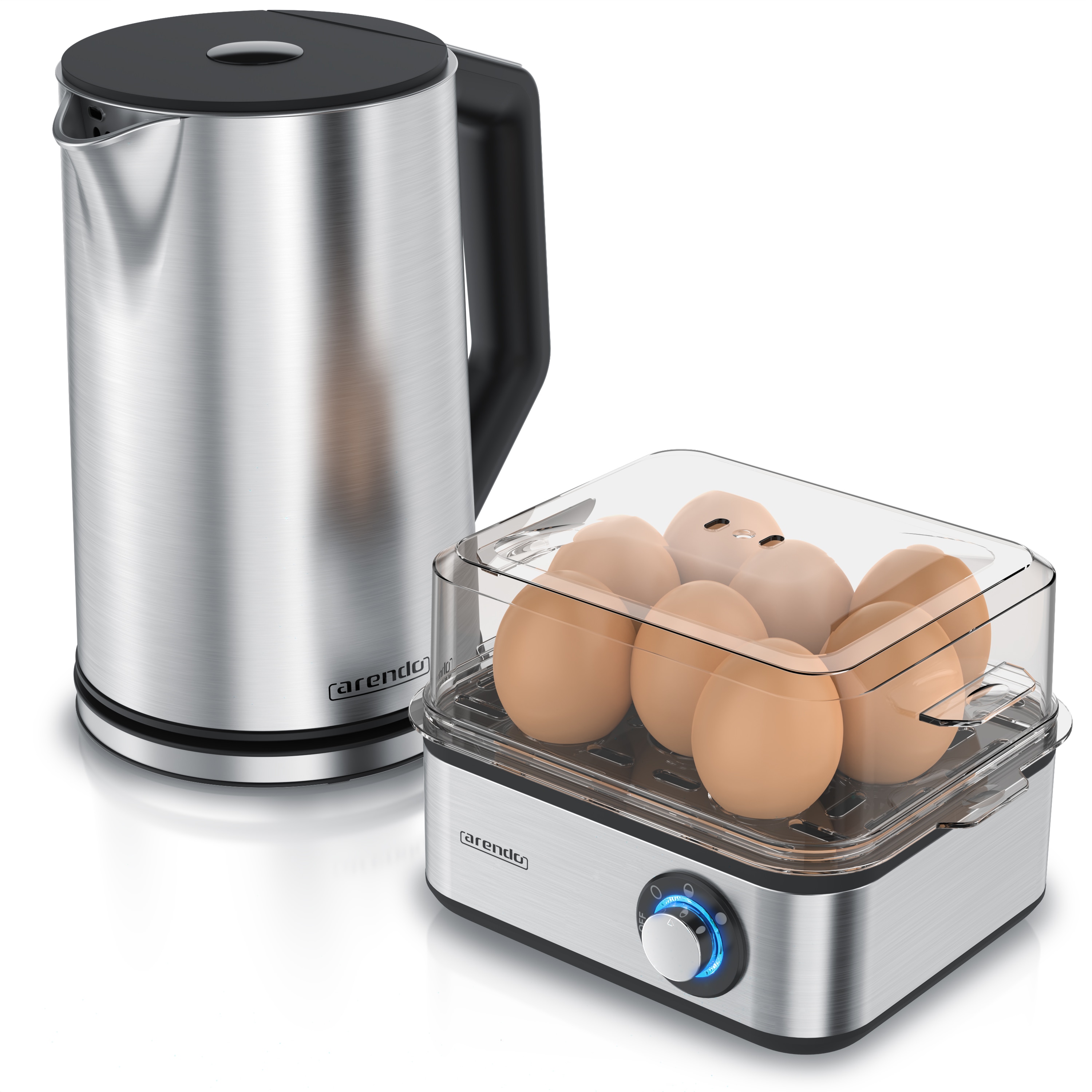 Arendo Fr&uuml;hst&uuml;cks-Set, 8er Eierkocher EIGHTCOOK, Wasserkocher mit Temperatureinstellung, Silber 
