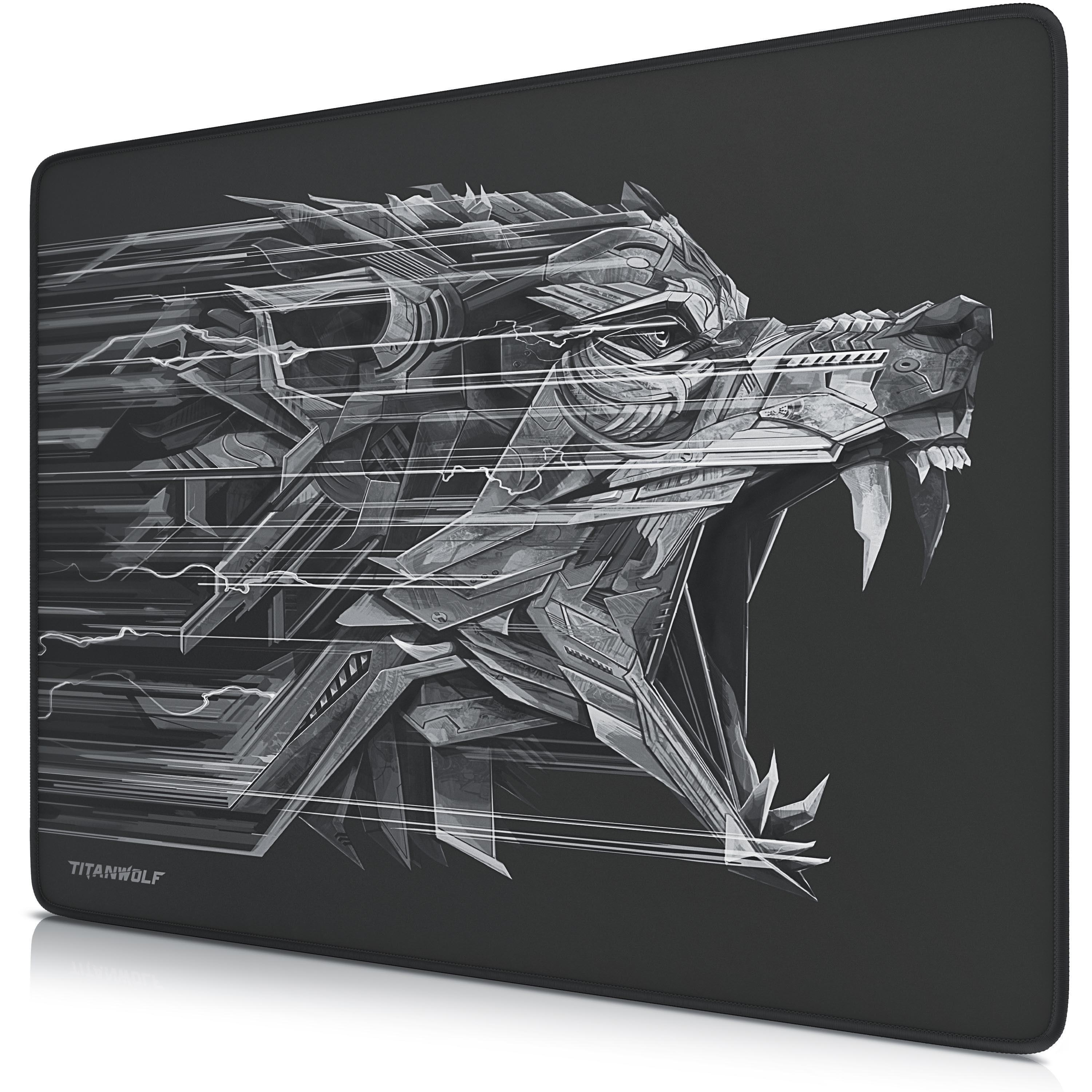 Titanwolf Gaming Mauspad XL, 440 x 350mm Mousepad mit Stoffoberfl&auml;che, Gummierte R&uuml;ckseite, Wolfsmotiv 