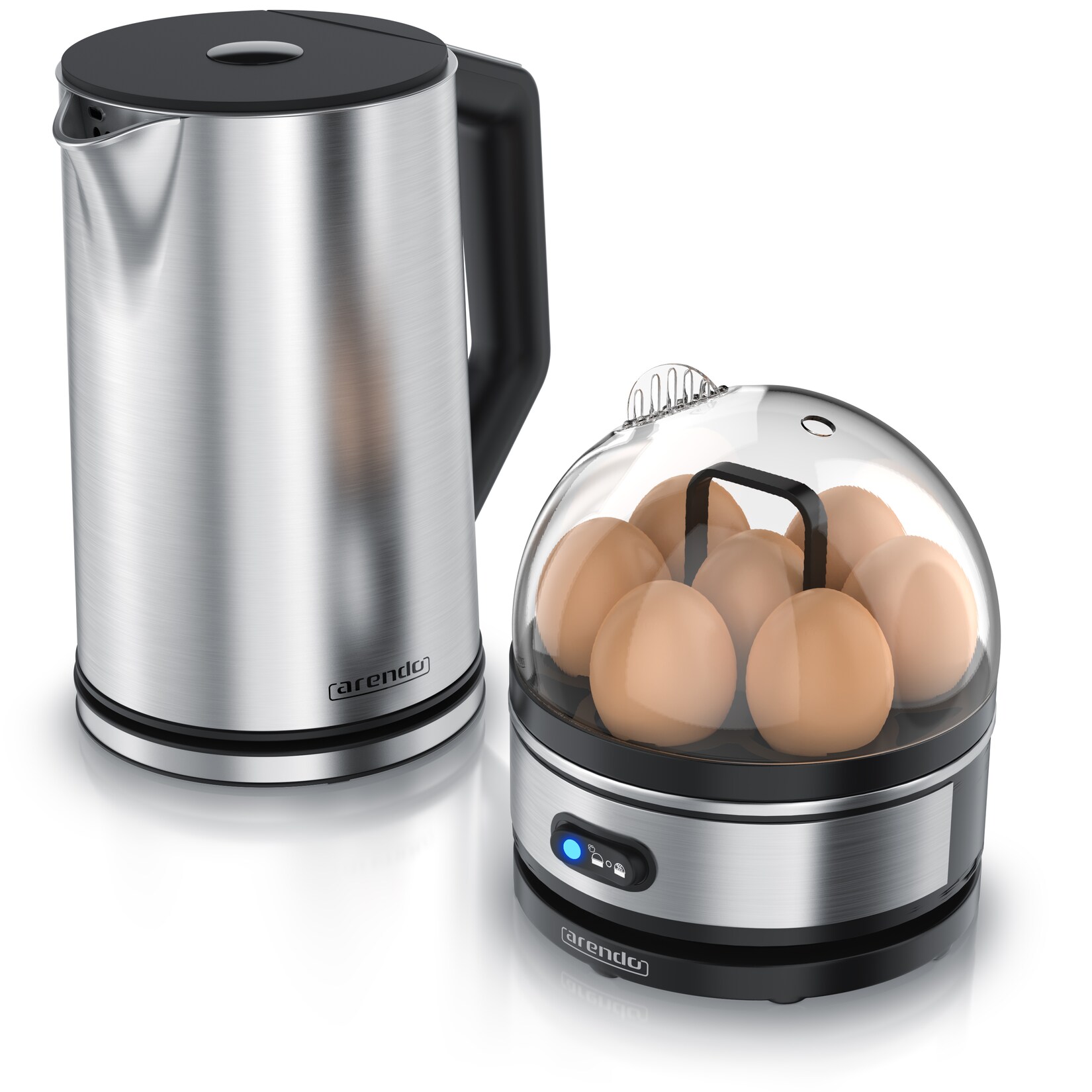 Arendo 2-teiliges Frühstücksset, 7er Eierkocher SEVENCOOK, Edelstahl Wasserkocher 1,5L, Silber