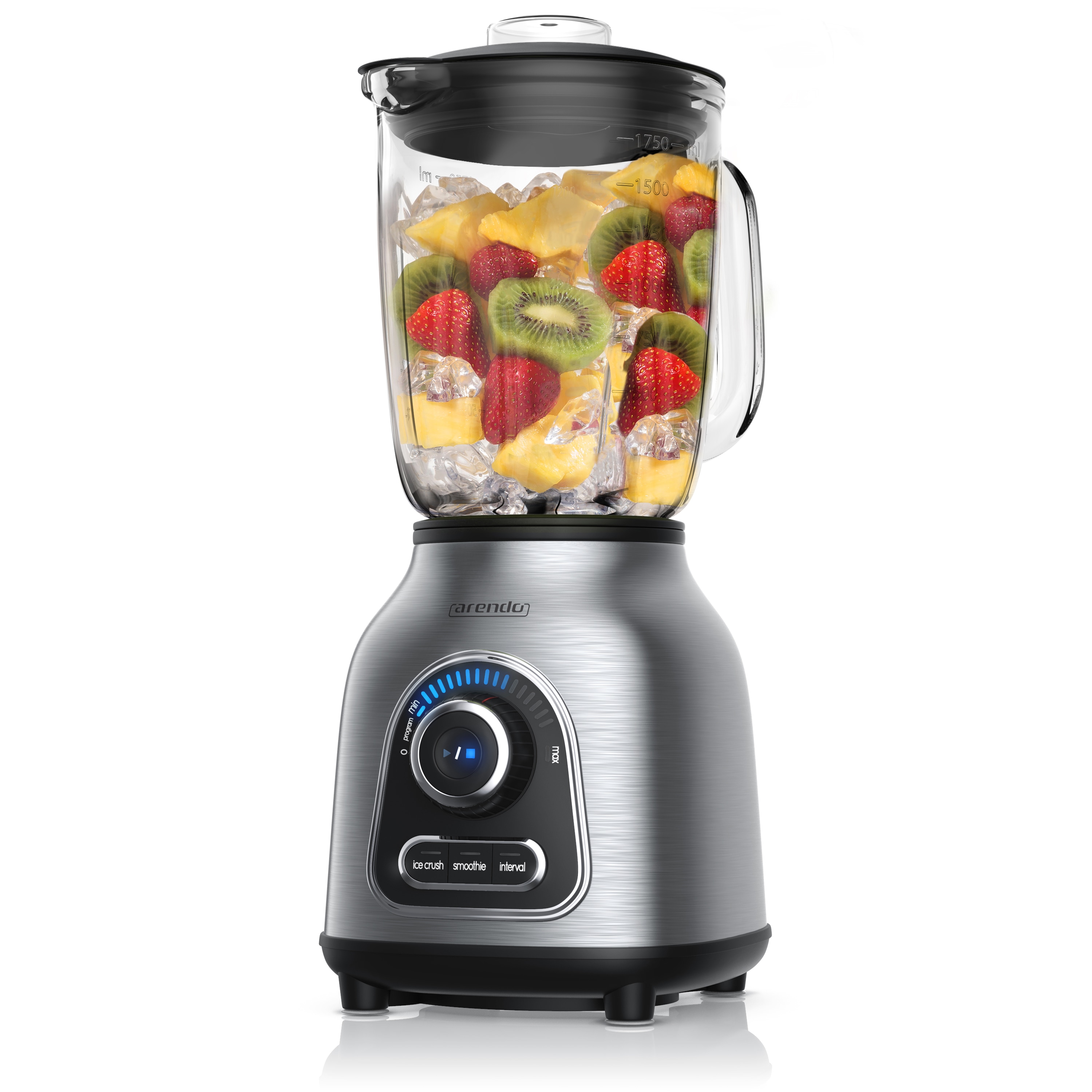 Arendo Standmixer Edelstahl, 1400 Watt, Glas Smoothie Mixer / Maker Ice Crush Funktion Milchshaker, 1,75 Liter Glasbeh&auml;lter, Silber/Schwarz 