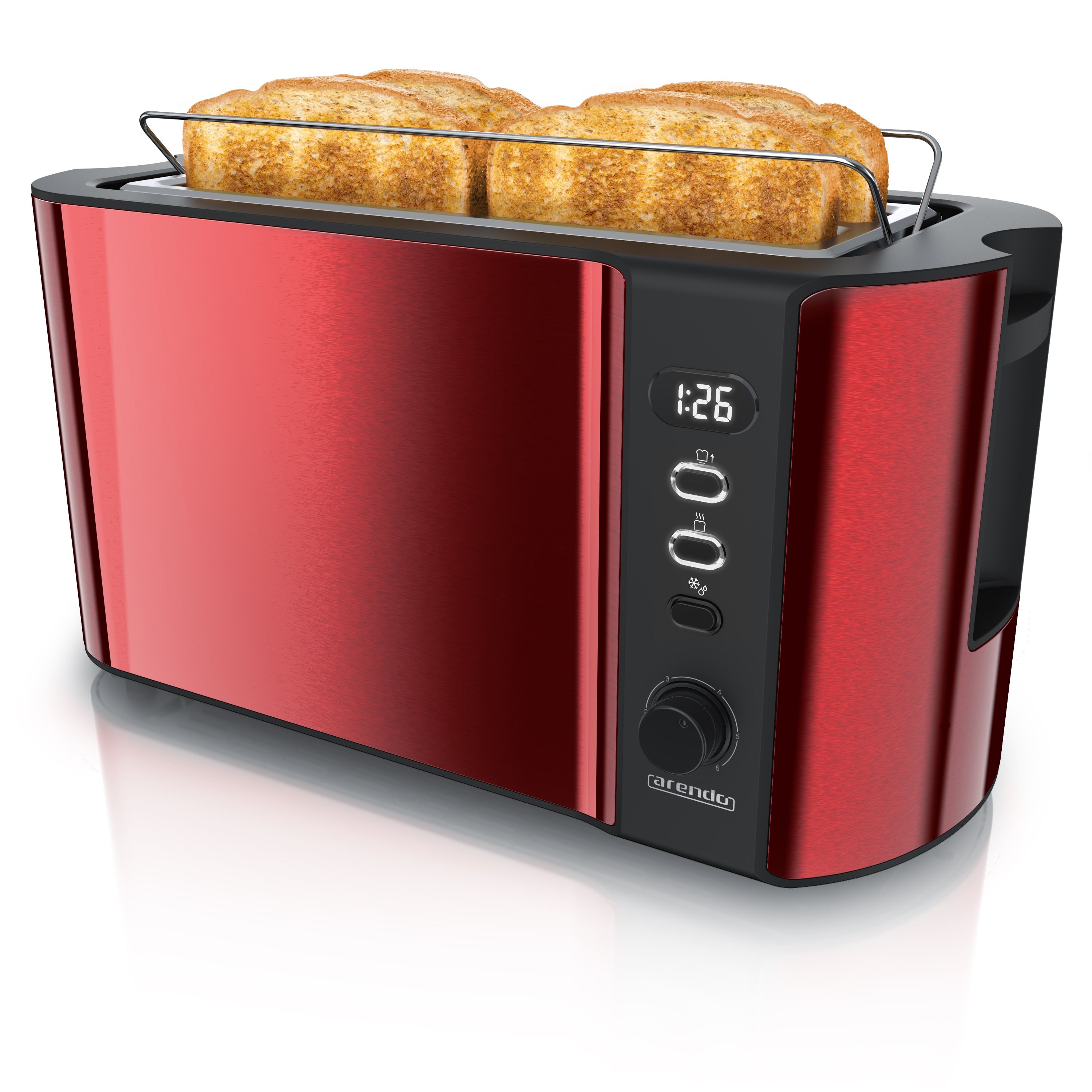 Arendo Toaster Langschlitz mit Display, Auftaufunktion, 1500W, integrierter Br&ouml;tchenaufsatz, Rot 