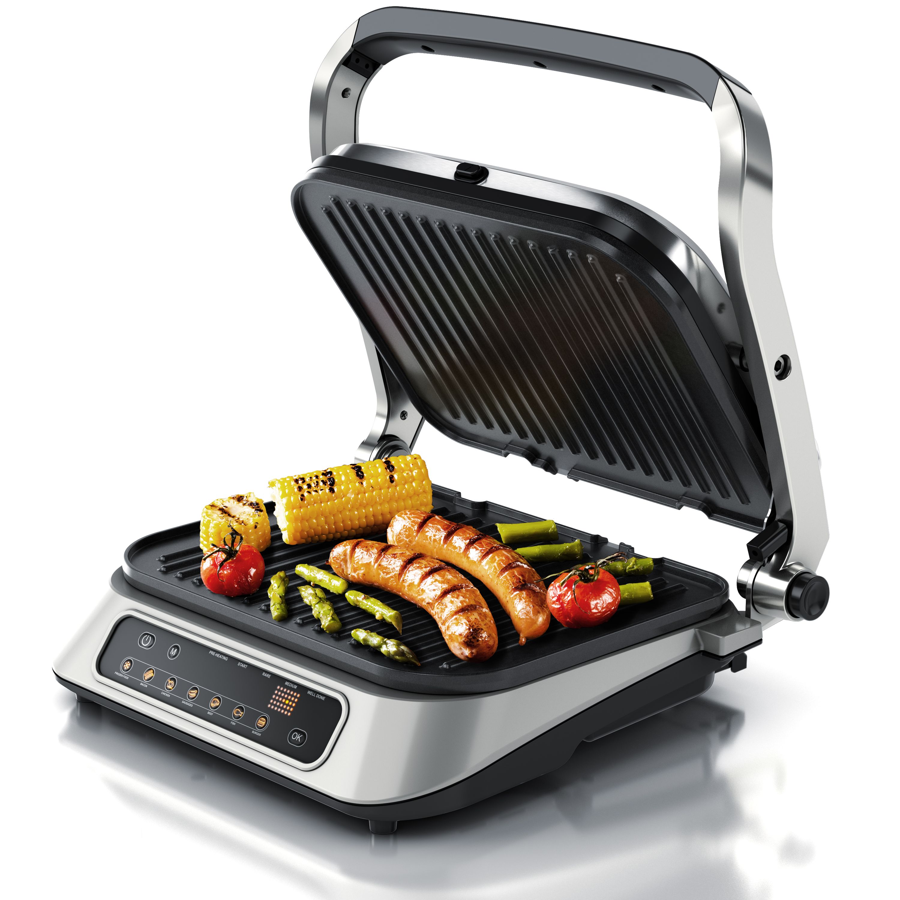 Arendo Kontaktgrill mit Digitalsteuerung - Tischgrill / Sandwichmaker / Panini Grill / Tischgrill - Abnehmbare & Antihaftbeschichtete Platten 