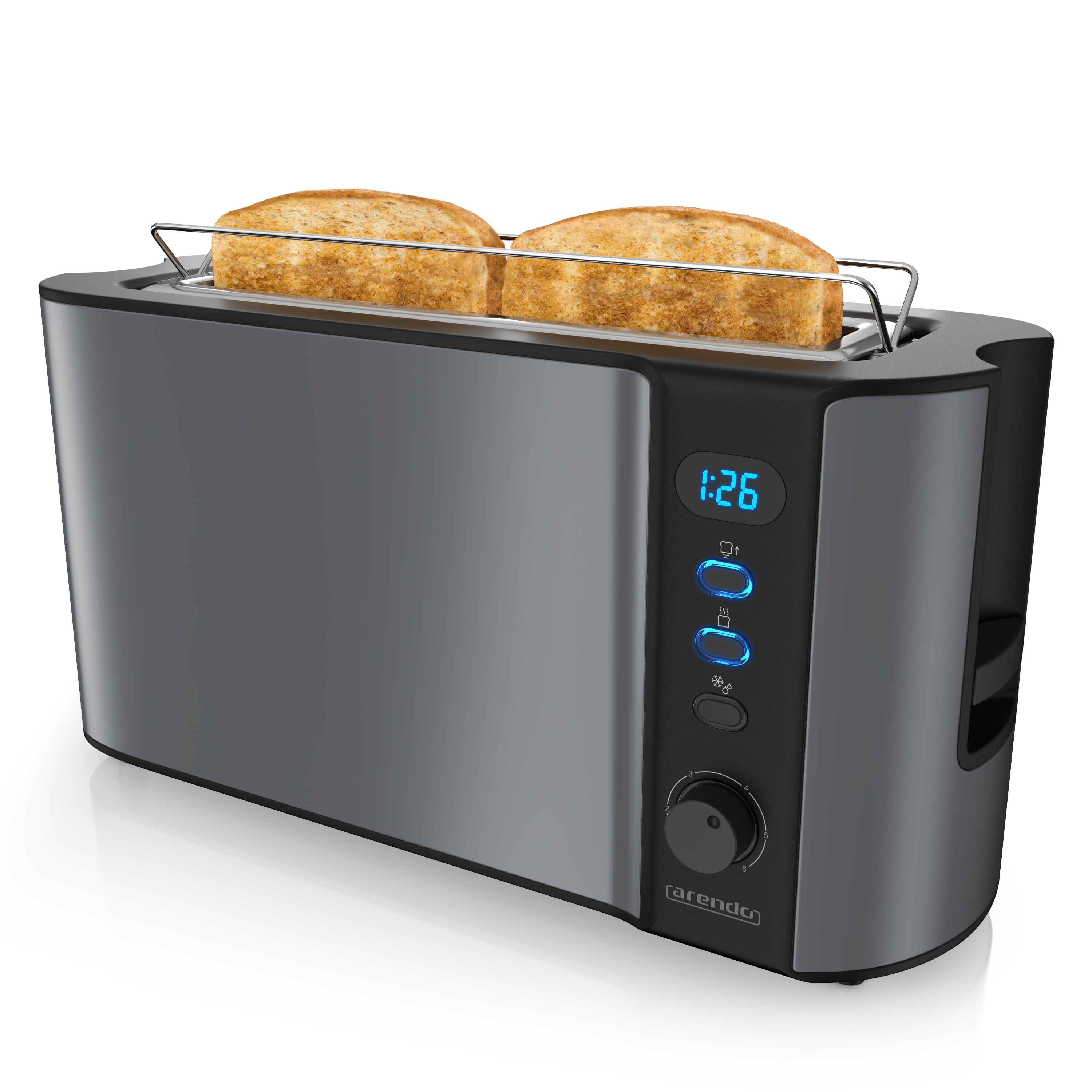 Arendo Toaster Langschlitz f&uuml;r 2 Scheiben, 1000 W, Br&ouml;tchenaufsatz, W&auml;rmeisoliert, Display, grau 