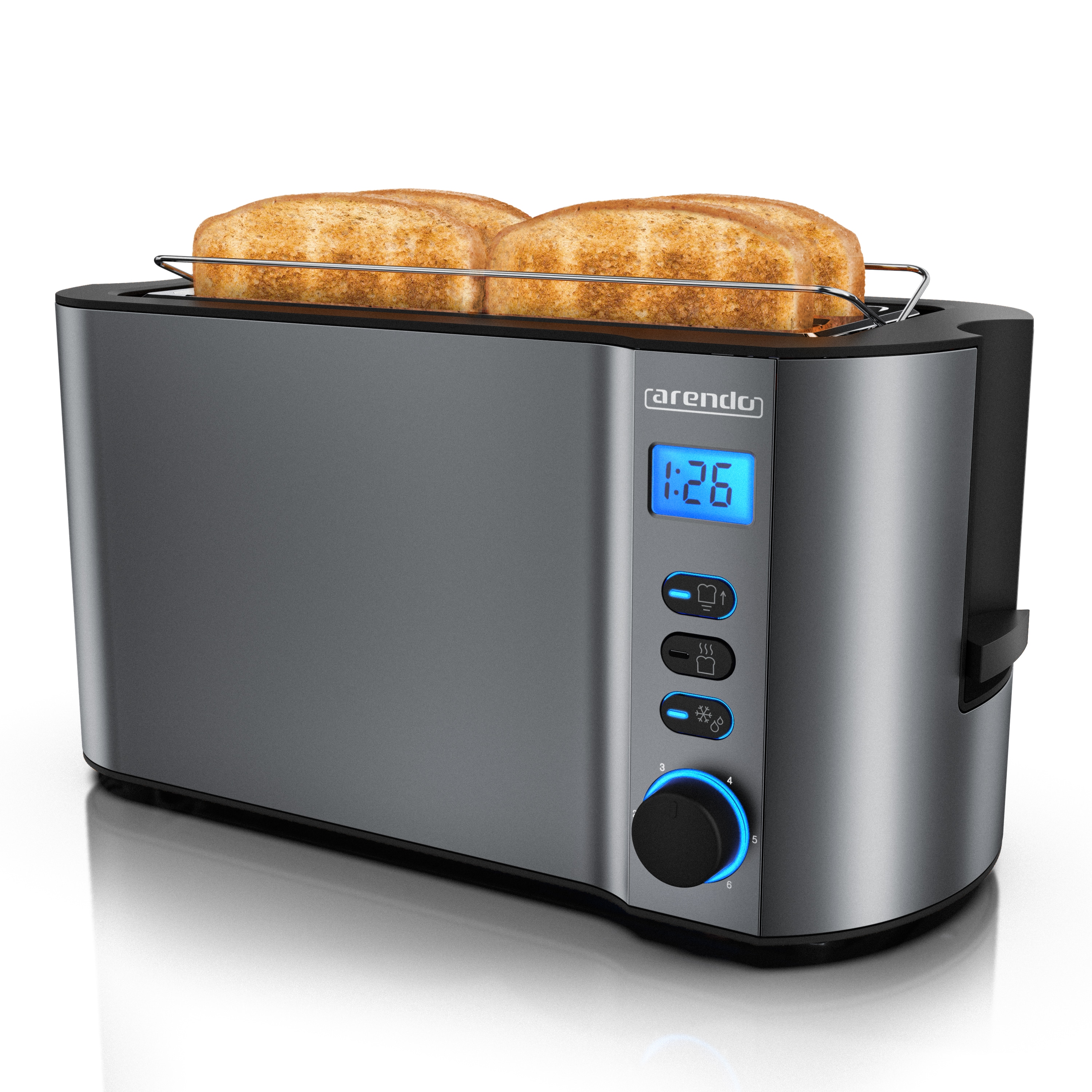 Arendo Langschlitztoaster 4 Scheiben, Edelstahl Toaster mit Restzeitanzeige, 1500W, Doppelwandgeh&auml;use, Br&ouml;tchenaufsatz, 6 Br&auml;unungsgrade 