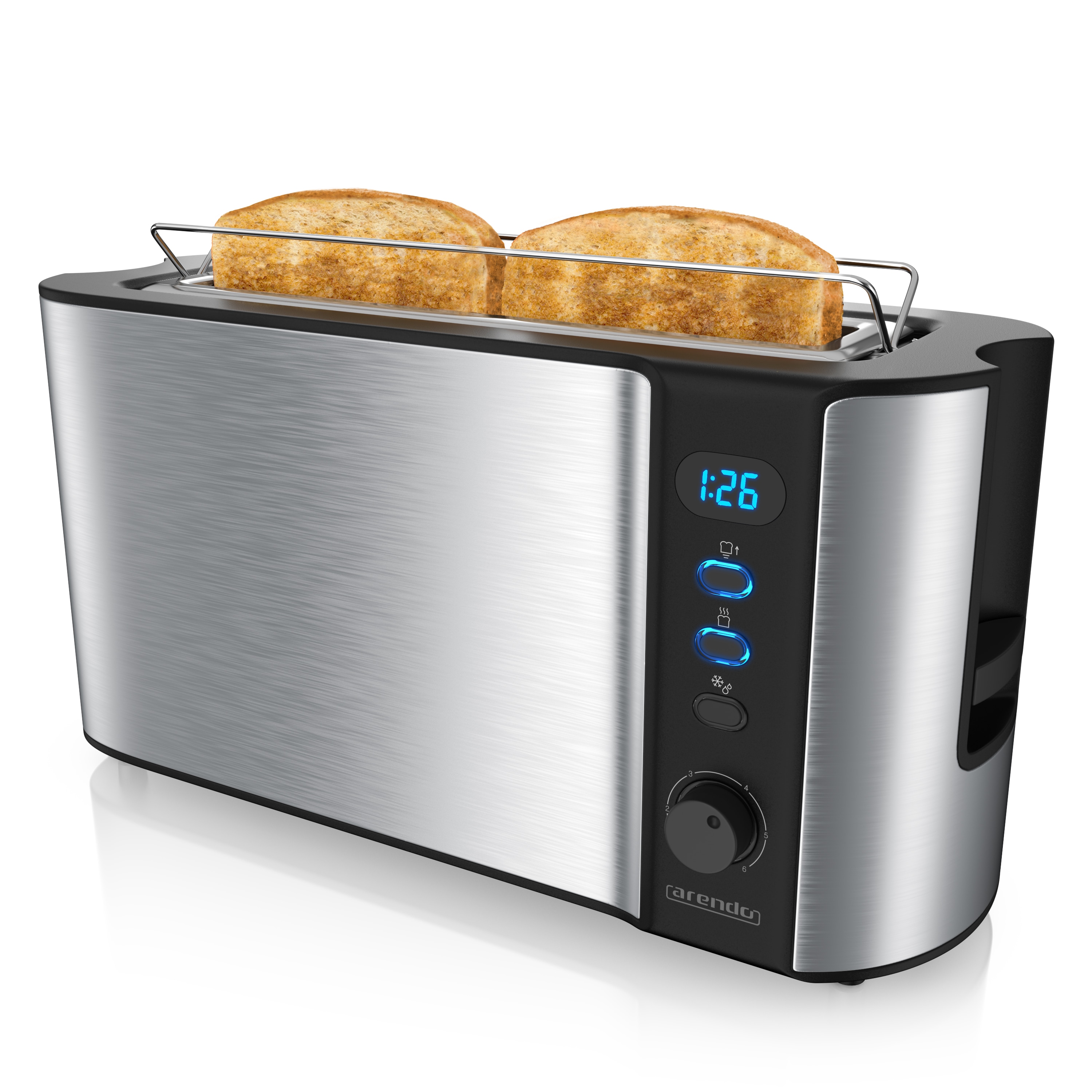 Arendo Toaster Langschlitz f&uuml;r 2 Scheiben, 1000 W, Br&ouml;tchenaufsatz, W&auml;rmeisoliert, Display, Edelstahl 