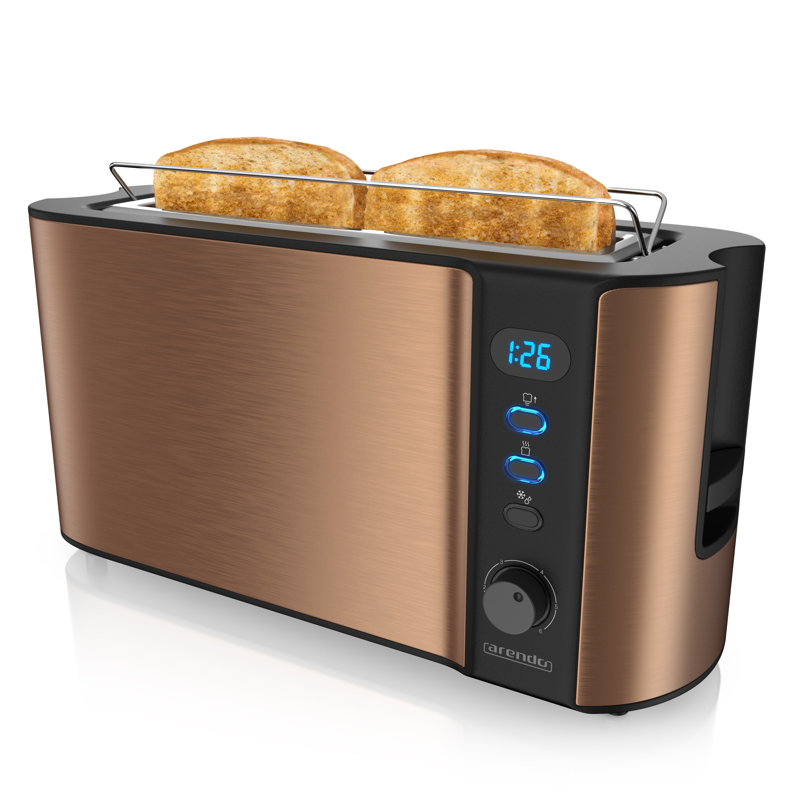 Arendo Toaster Langschlitz f&uuml;r 2 Scheiben, 1000 W, Br&ouml;tchenaufsatz, W&auml;rmeisoliert, Display, Kupfer 