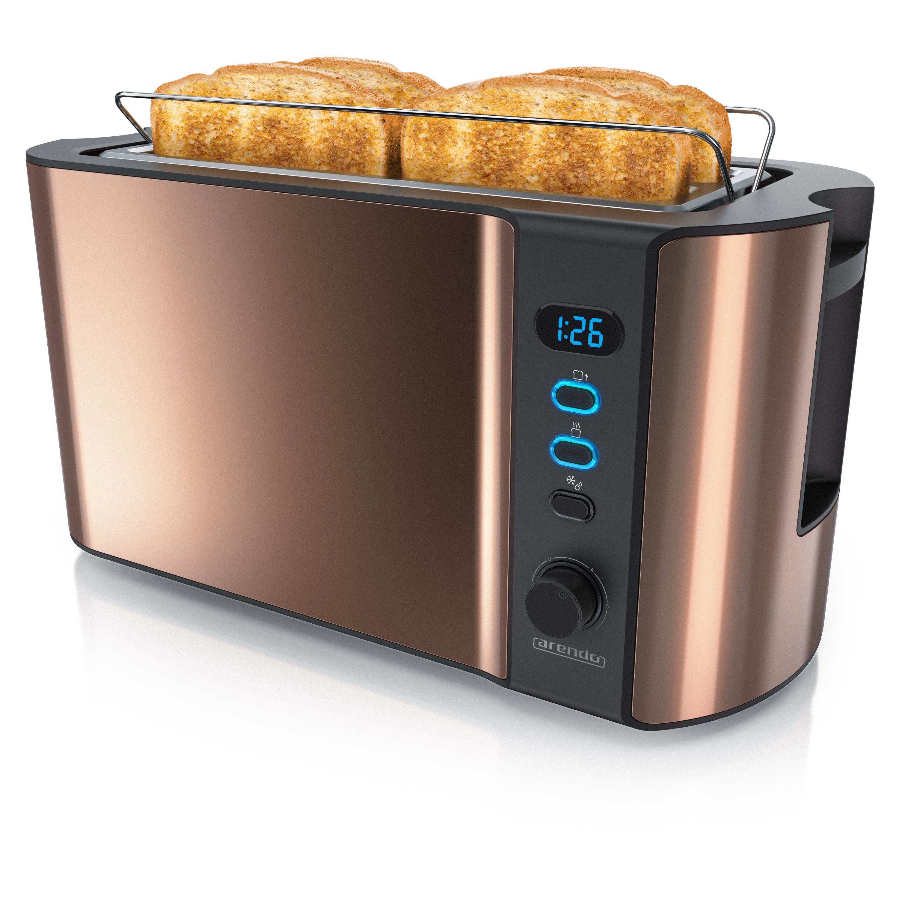 Arendo Toaster f&uuml;r 4 Scheiben, 1500W, Langschlitz, Br&ouml;tchenaufsatz, W&auml;rmeisoliert, Display, Kupfer 