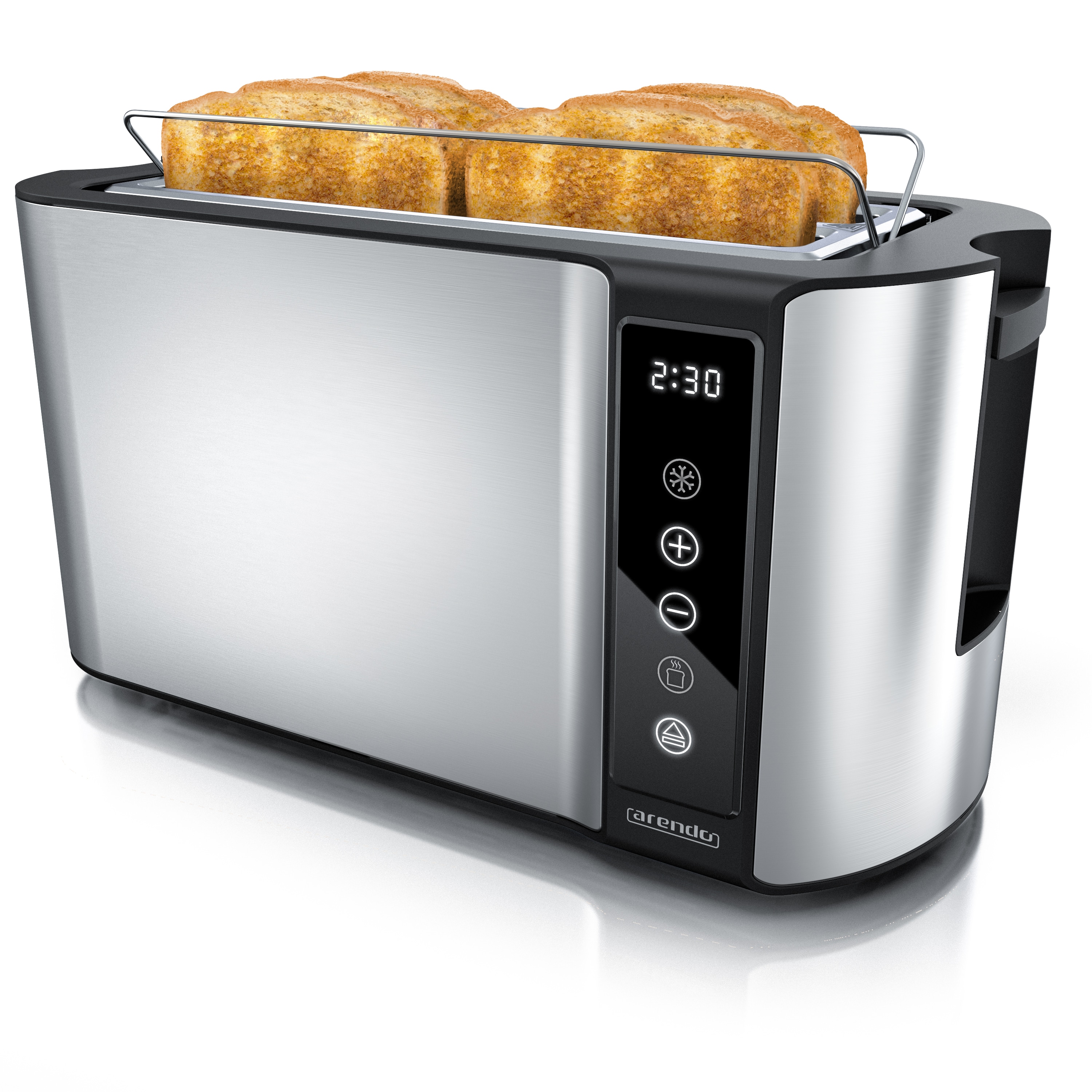 Arendo Toaster f&uuml;r 4 Scheiben Langschlitz 1500 W, Br&ouml;tchenaufsatz, W&auml;rmeisoliert, Display, Touch, Silber 