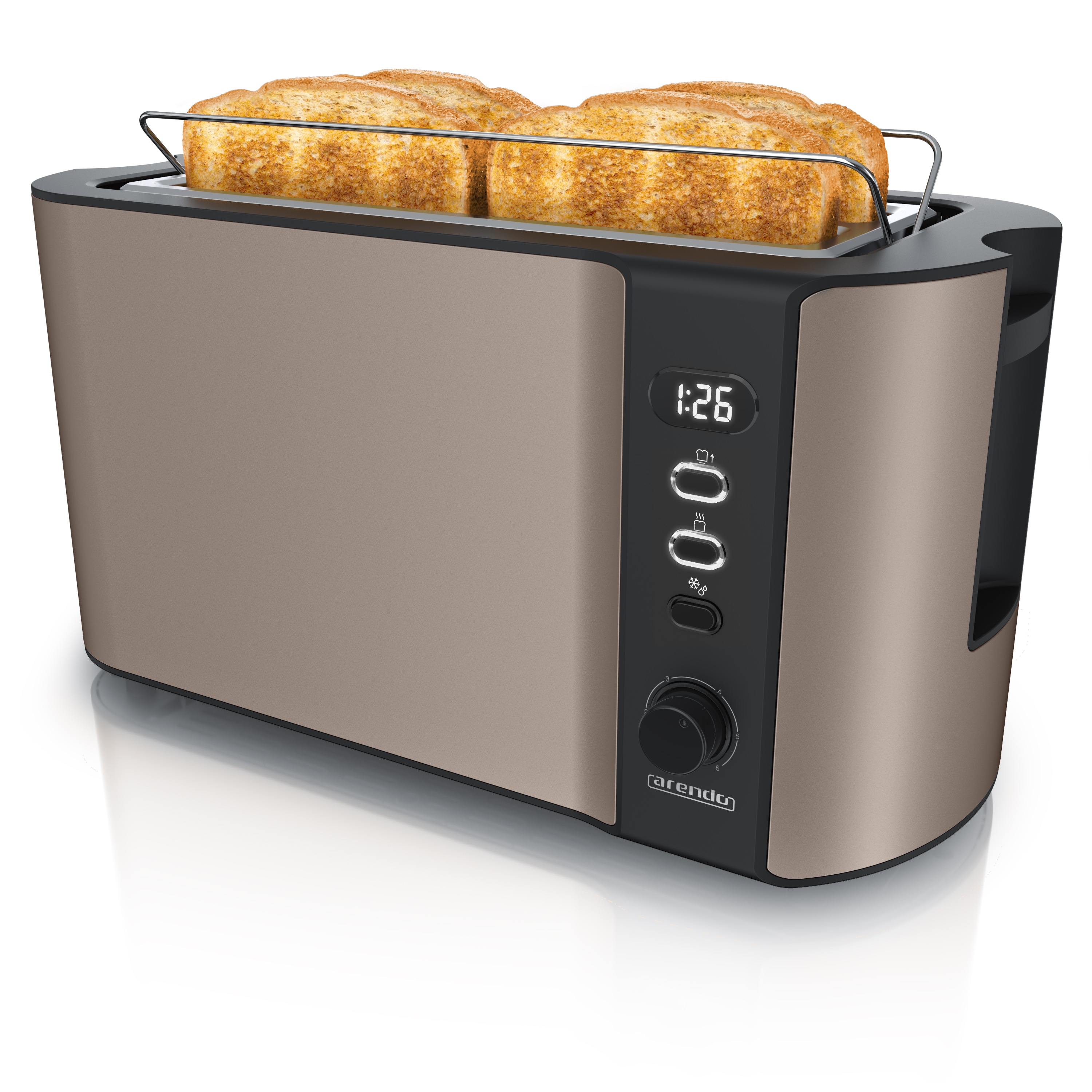 Arendo Toaster f&uuml;r 4 Scheiben, 1500W, Langschlitz, Br&ouml;tchenaufsatz, W&auml;rmeisoliert, Display, bronze 