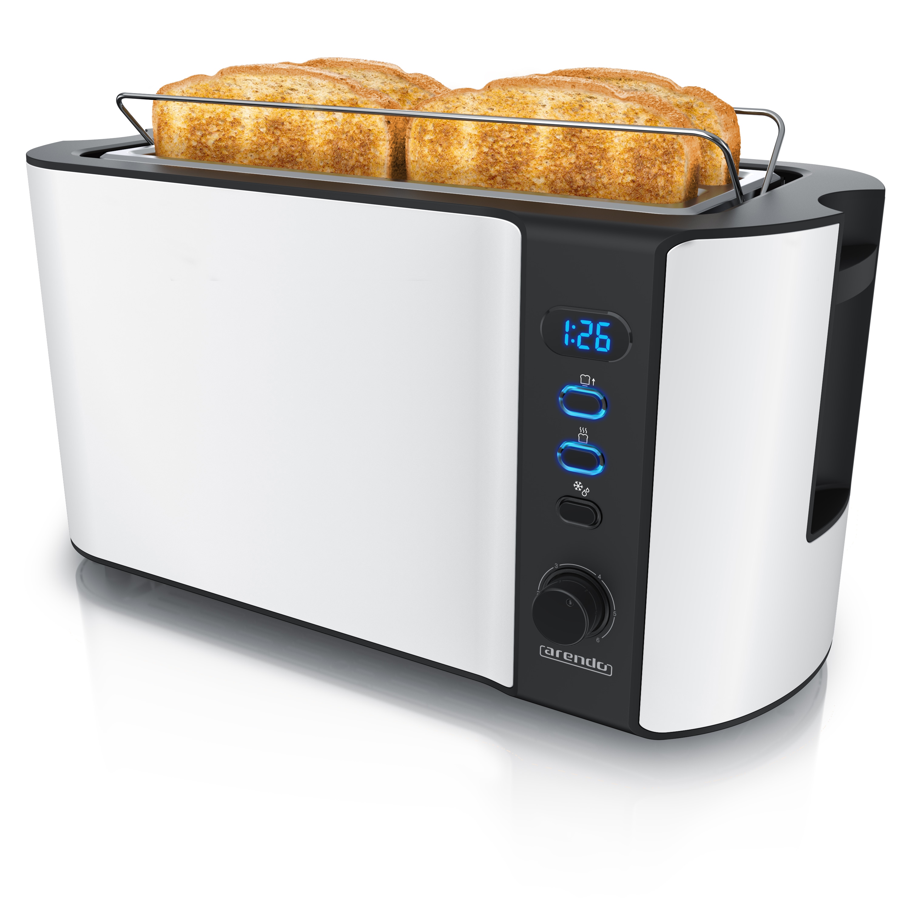 Arendo Automatik Langschlitz Toaster mit Br&ouml;tchenaufsatz, Familientoaster f&uuml;r 4 Scheiben, Display, Auftaufunktion, Wei&szlig; 