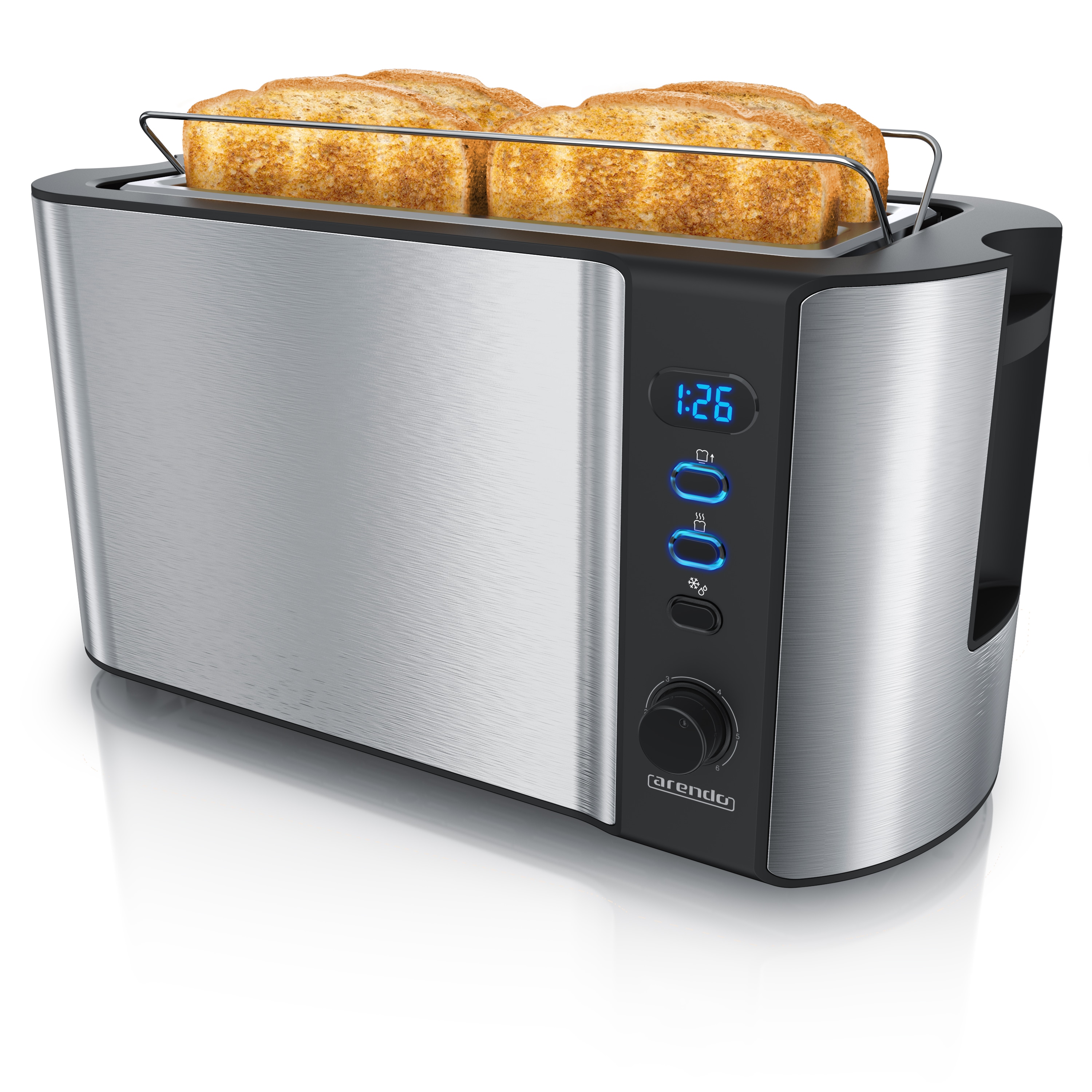 Arendo Toaster f&uuml;r 4 Scheiben, 1500W, Langschlitz, W&auml;rmeisoliert, Br&ouml;tchenaufsatz, Display, silber/schwarz 