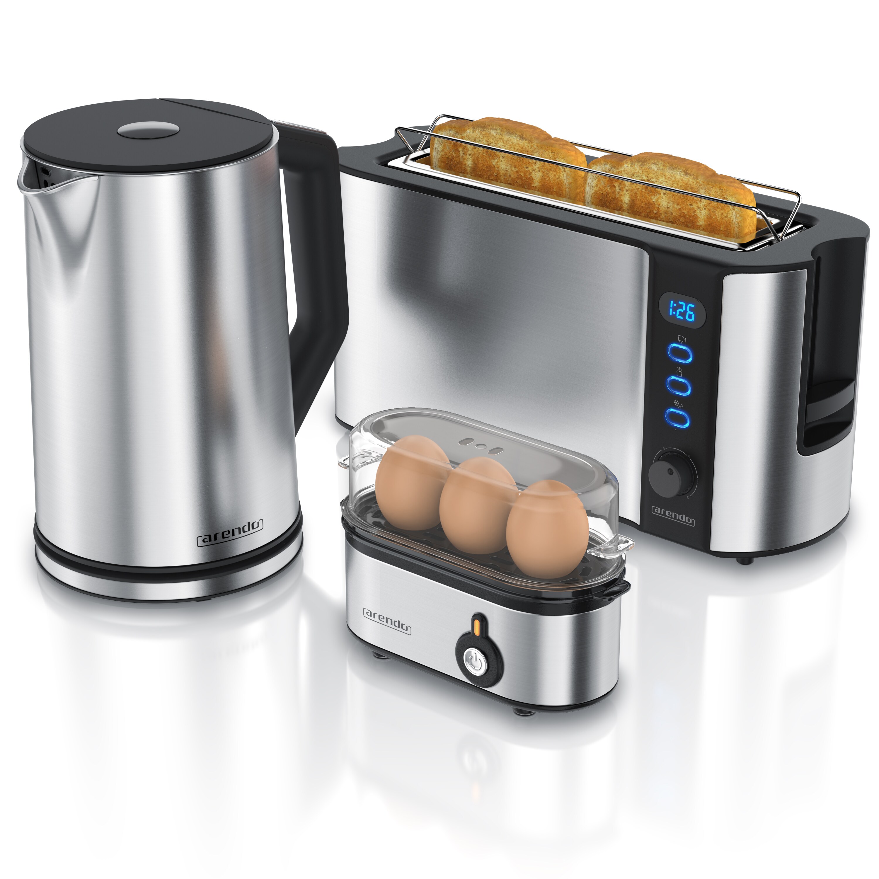 Arendo Fr&uuml;hst&uuml;cks-Set in silber - Wasserkocher / Toaster / Eierkocher 
