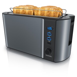 Arendo Toaster für 4 Scheiben Langschlitz, 1500W, mit Display, Doppelwandgehäuse wärmeisolierend, Brötchenaufsatz, Auftaufunktion, Grau 