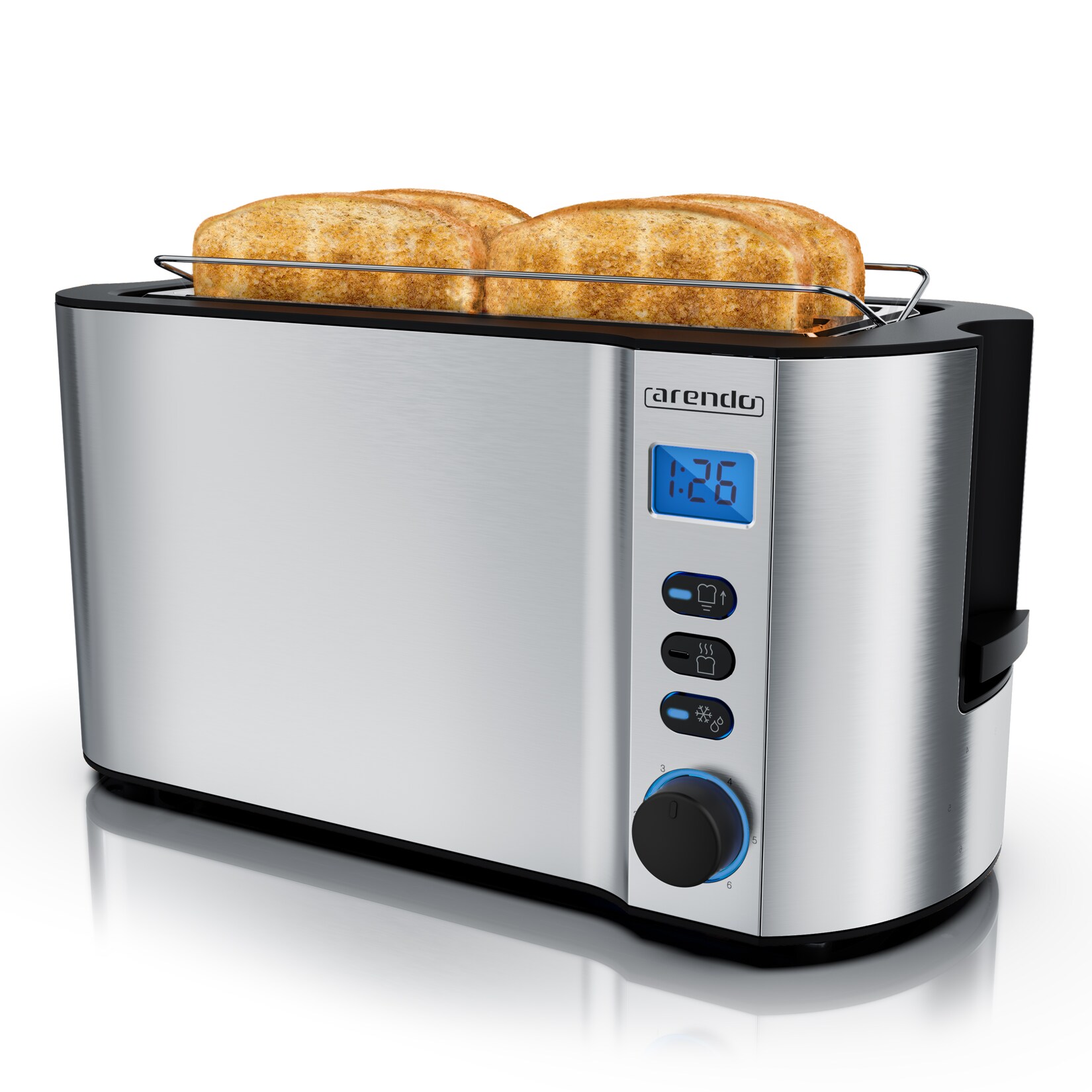 Arendo Toaster Edelstahl Langschlitz 4 Scheiben, Doppelwandgehäuse, integrierter Brötchenaufsatz, 6 Bräunungsstufen, Brotzentrierung …
