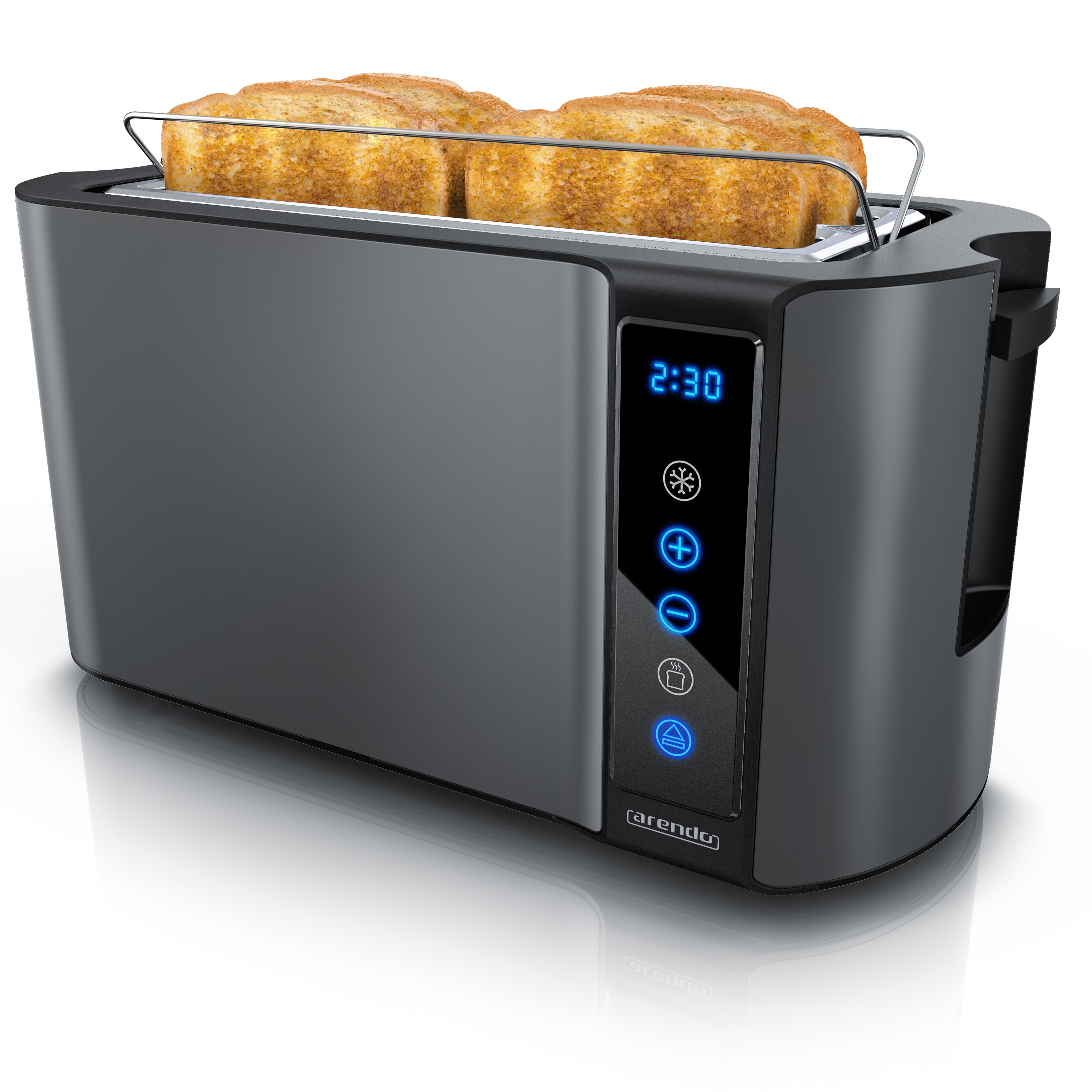 Arendo Langschlitz Toaster mit 2 R&ouml;stkammern und Br&ouml;tchenaufsatz, W&auml;rmeisoliertes Geh&auml;use, Display, Touch, Grau 