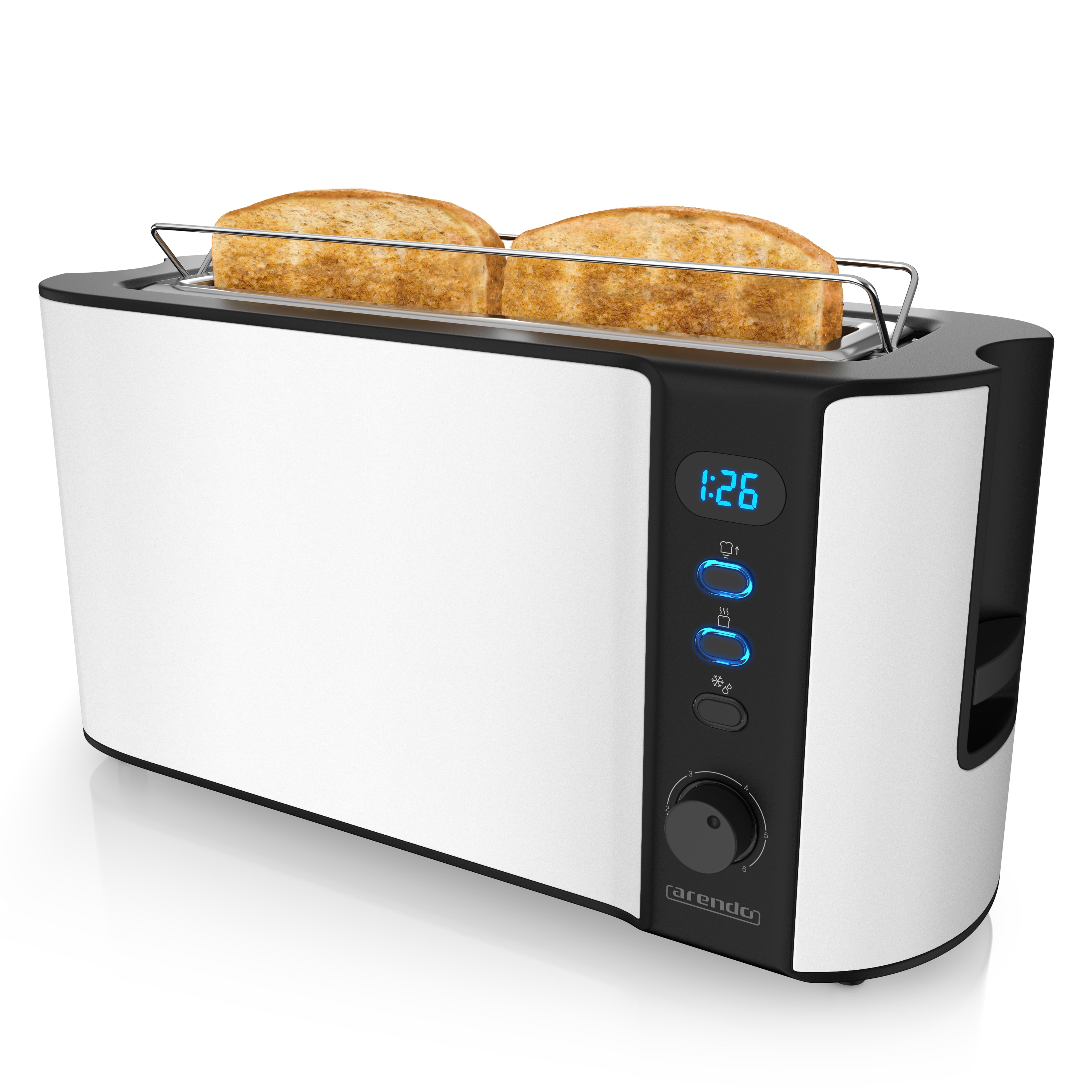 Arendo Langschlitz Toaster f&uuml;r 2 Scheiben, integrierter Br&ouml;tchenaufsatz, 1000 W, Restzeitanzeige, Wei&szlig; 