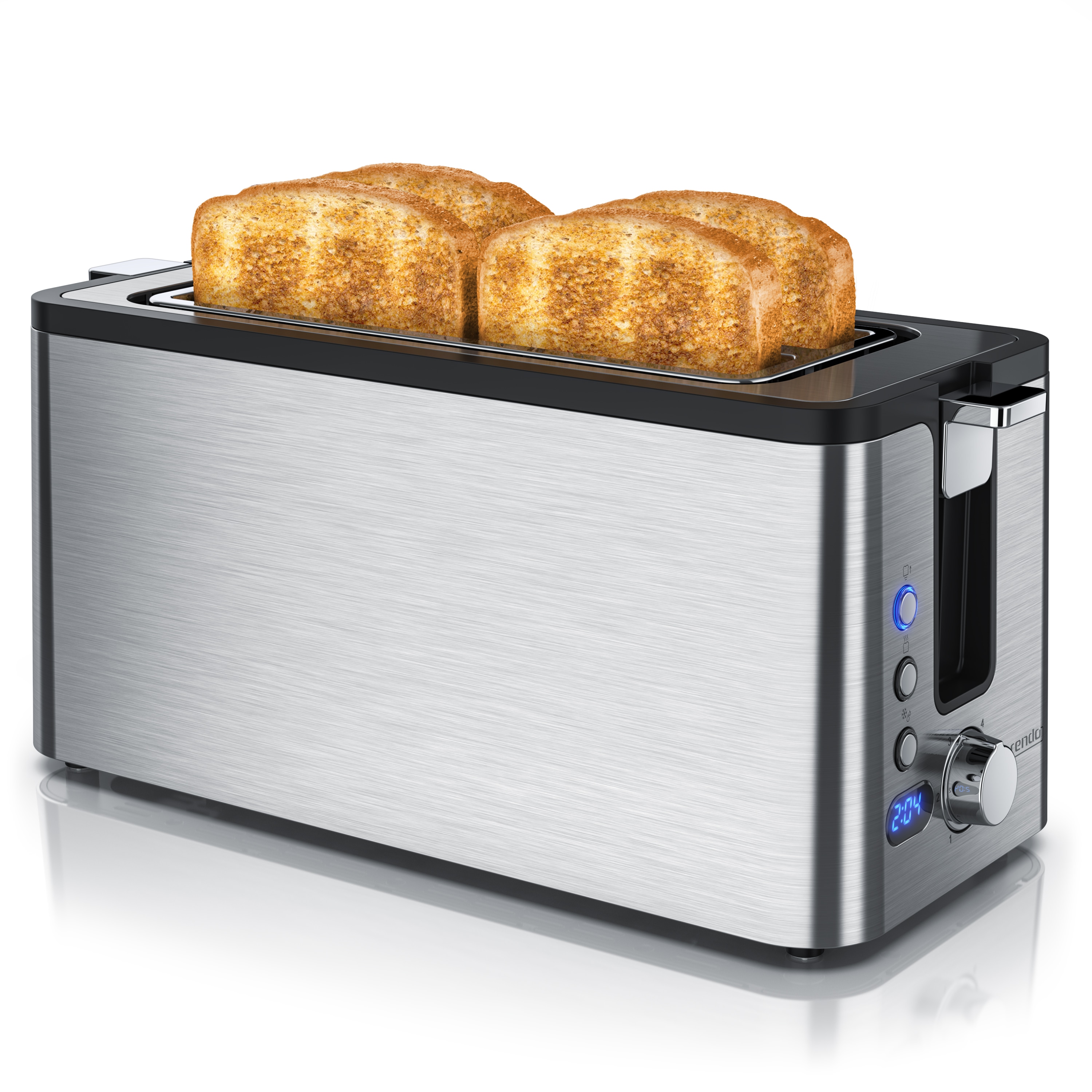 Arendo Edelstahl Toaster Langschlitz 4 Scheiben - Defrost Funktion - w&auml;rmeisolierendes Geh&auml;use - mit integrierten Br&ouml;tchenaufsatz - Kr&uuml;melschublade 