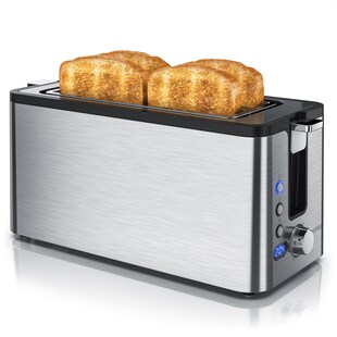 Arendo Edelstahl Toaster Langschlitz 4 Scheiben - Defrost Funktion - wärmeisolierendes Gehäuse - mit integrierten Brötchenaufsatz - Krümelschublade 