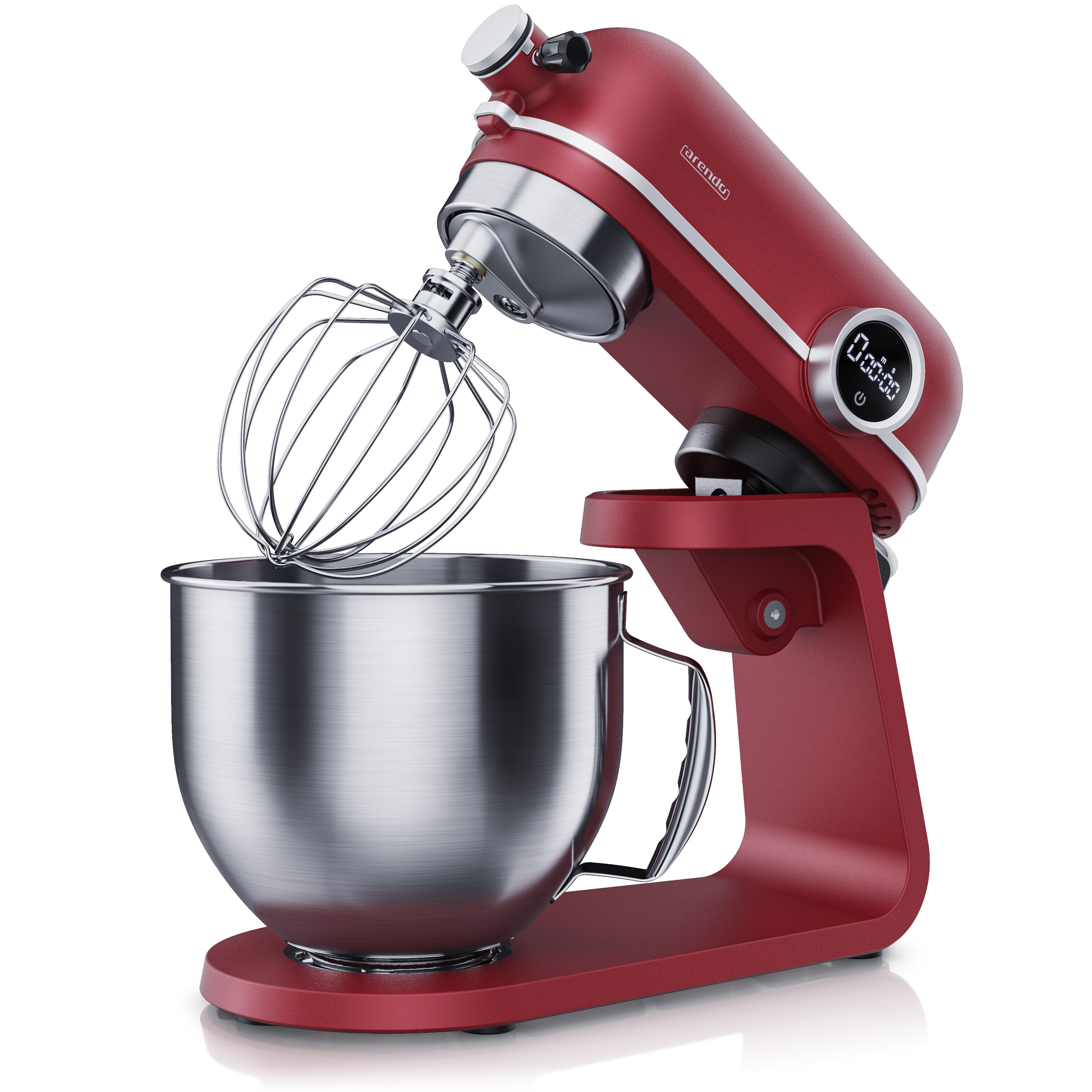 Arendo K&uuml;chenmaschine 800W mit Display, 8 Geschwindigkeitsstufen, 5l Edelstahl-R&uuml;hrsch&uuml;ssel, inkl. 3 R&uuml;hrwerkzeuge, Rot 