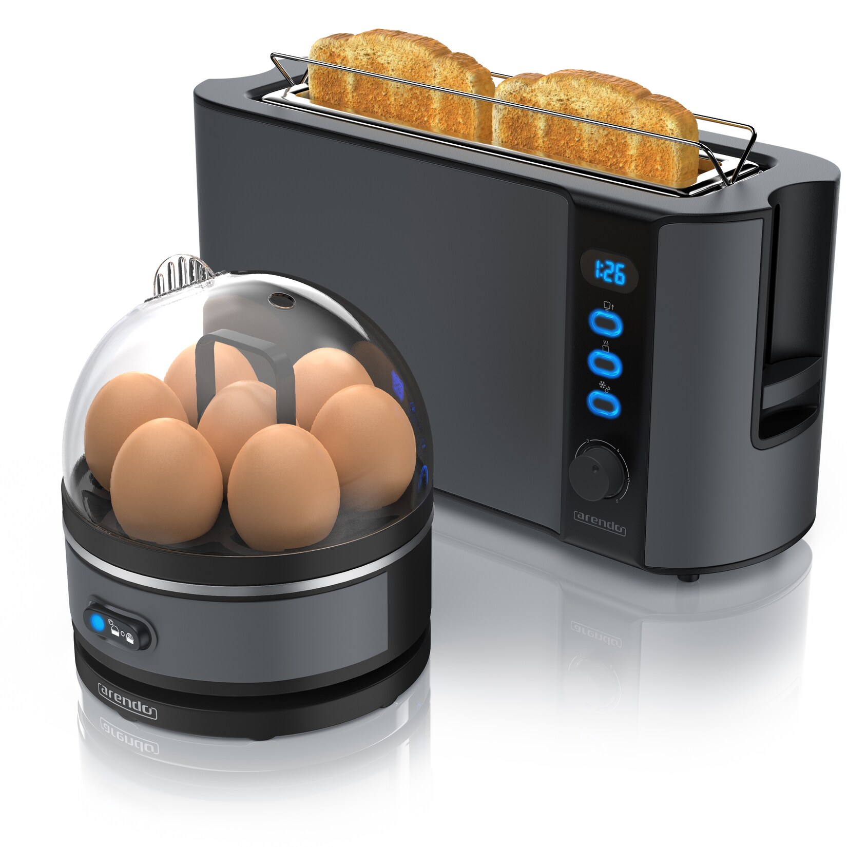 Arendo - SET Toaster FRUKOST mit Eierkocher SEVENCOOK Edelstahl Grau, Toaster 2 Scheiben, LED-Display, 6 Bräunungsgrade, Brötchenhalter - …
