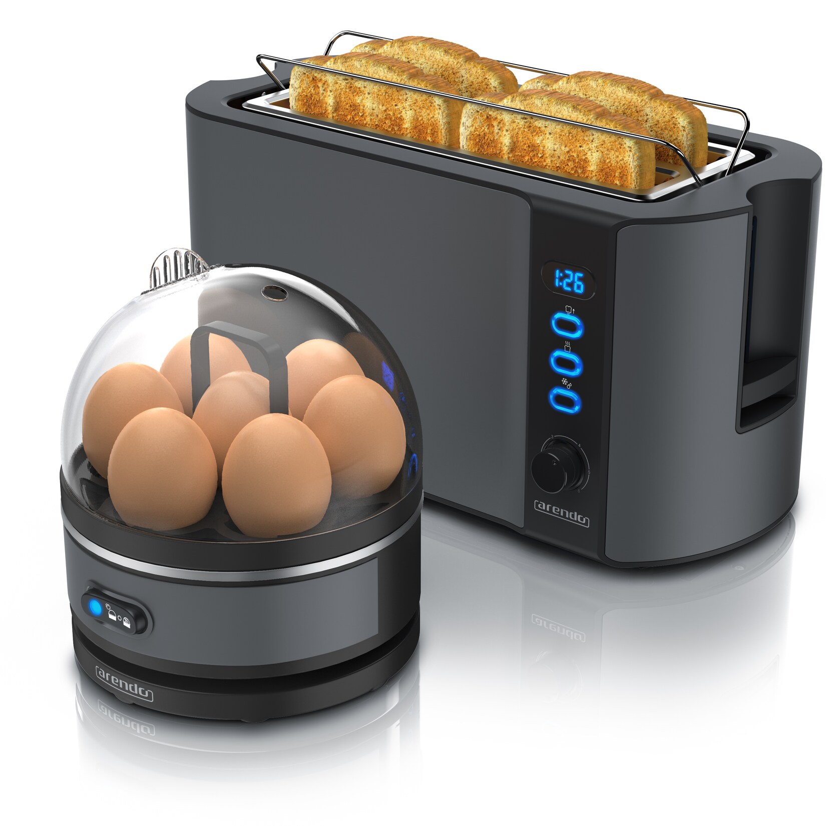 Arendo - SET Toaster FRUKOST mit Eierkocher SEVENCOOK Edelstahl Grau, Toaster 4 Scheiben, LED-Display, 6 Bräunungsgrade, Brötchenhalter - …
