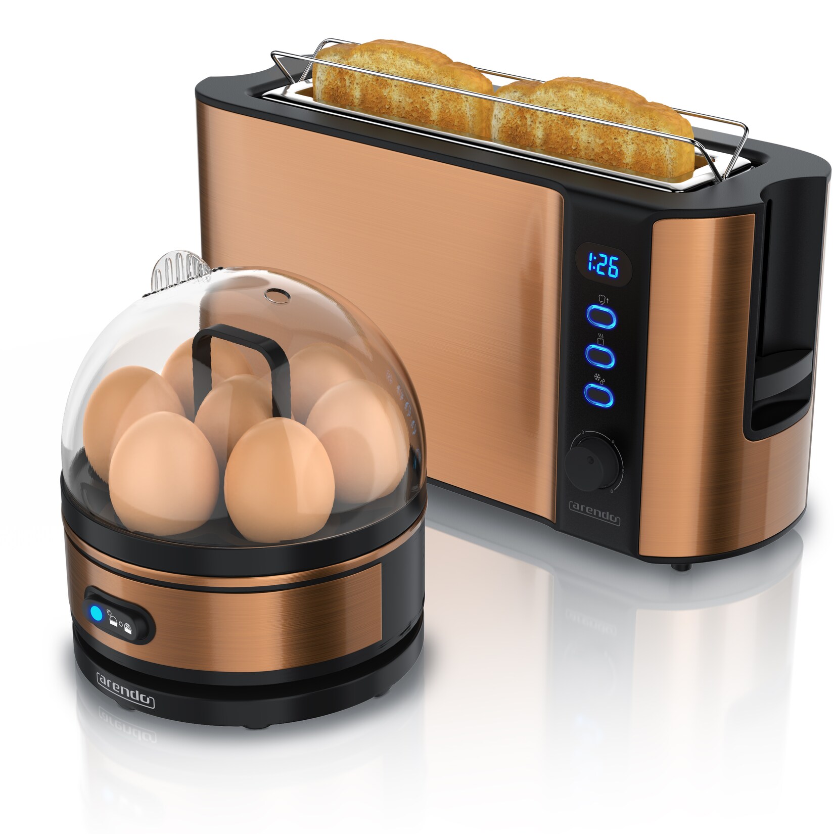 Arendo - SET Toaster FRUKOST mit Eierkocher SEVENCOOK Edelstahl Kupfer, Toaster 2 Scheiben, LED-Display, 6 Bräunungsgrade, Brötchenhalter - …