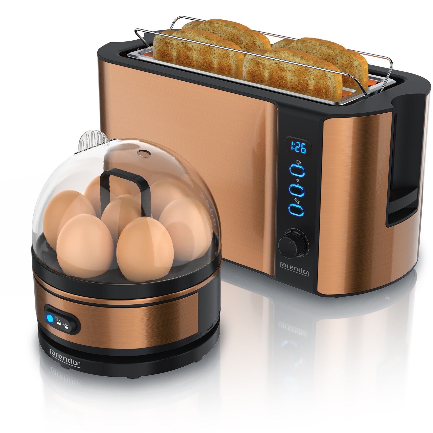 Arendo - SET Toaster FRUKOST mit Eierkocher SEVENCOOK Edelstahl Kupfer, Toaster 4 Scheiben, LED-Display, 6 Bräunungsgrade, Brötchenhalter - …