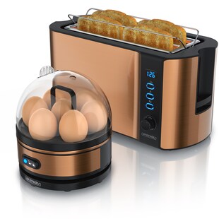 Arendo - SET Toaster FRUKOST mit Eierkocher SEVENCOOK Edelstahl Kupfer, Toaster 4 Scheiben, LED-Display, 6 Bräunungsgrade, Brötchenhalter - Eierkocher 