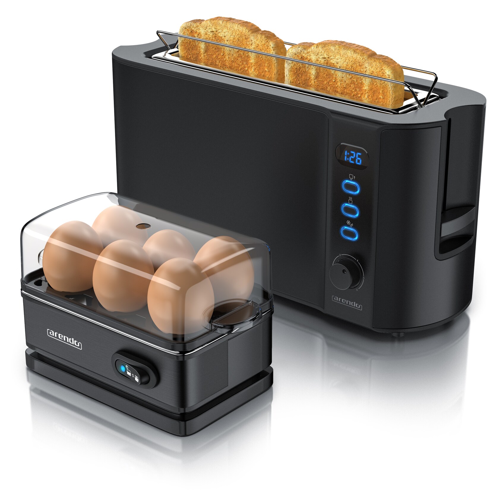 Arendo - SET Toaster FRUKOST mit Eierkocher SIXCOOK Edelstahl Schwarz, Toaster 2 Scheiben, LED-Display, 6 Bräunungsgrade, Brötchenhalter - …