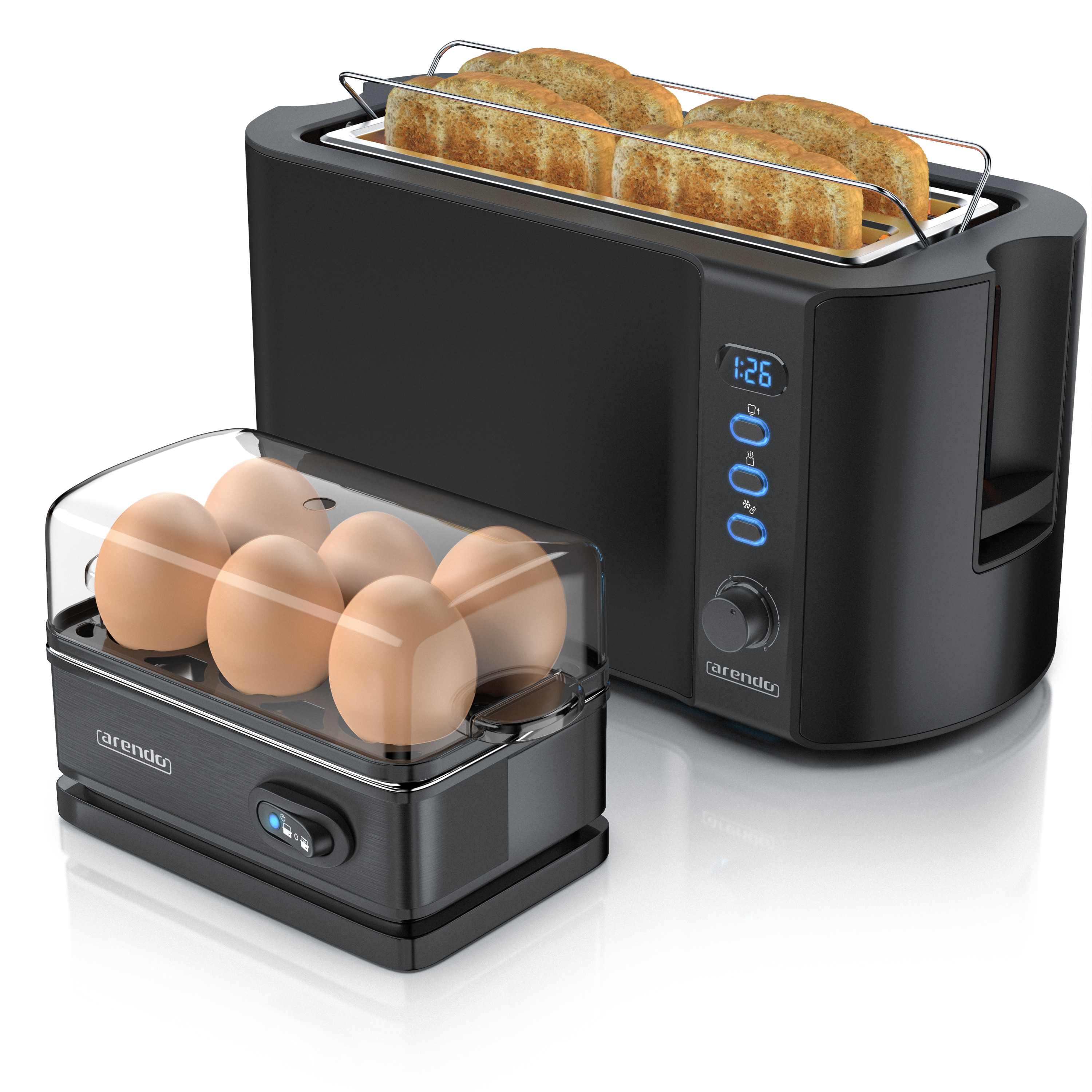 Arendo - Set Toaster FRUKOST mit Eierkocher SIXCOOK Edelstahl Schwarz, Toaster 4 Scheiben, LED-Display, 6 Br&auml;unungsgrade, Br&ouml;tchenhalter - Eierkocher 