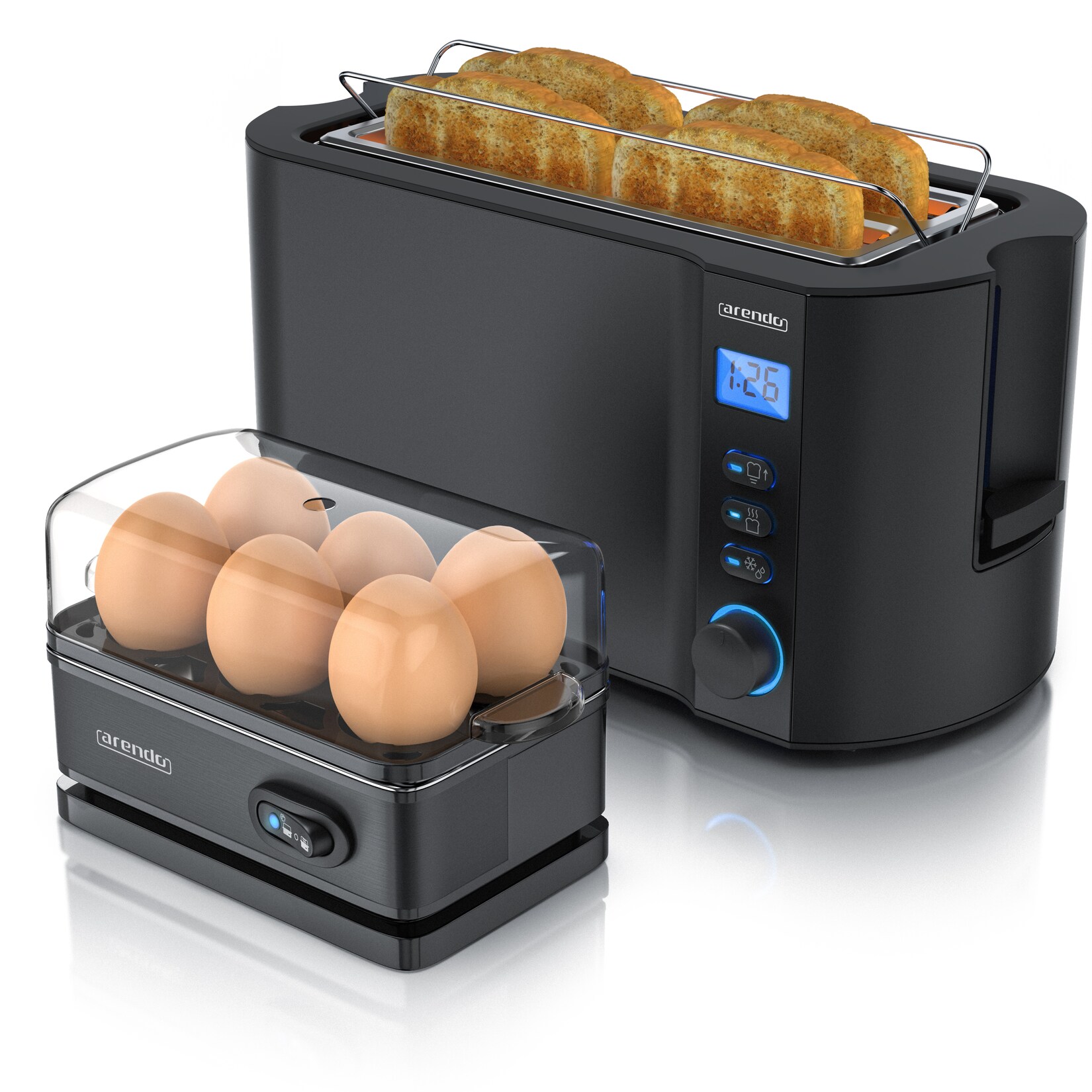 Arendo - Set Toaster MANHA mit Eierkocher SIXCOOK Edelstahl Schwarz, Toaster 4 Scheiben, LED-Display, 6 Bräunungsgrade, Brötchenhalter - …