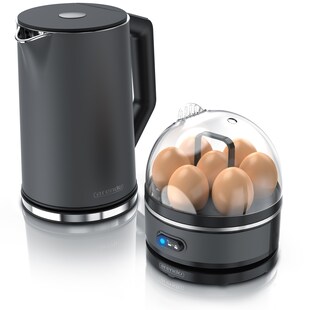 Arendo - Set Wasserkocher ELEGANT mit Eierkocher SEVENCOOK Edelstahl Grau, Wasserkocher 1,5L 40° - 100°C Warmhaltefunktion, Eierkocher 1-7 Eier 