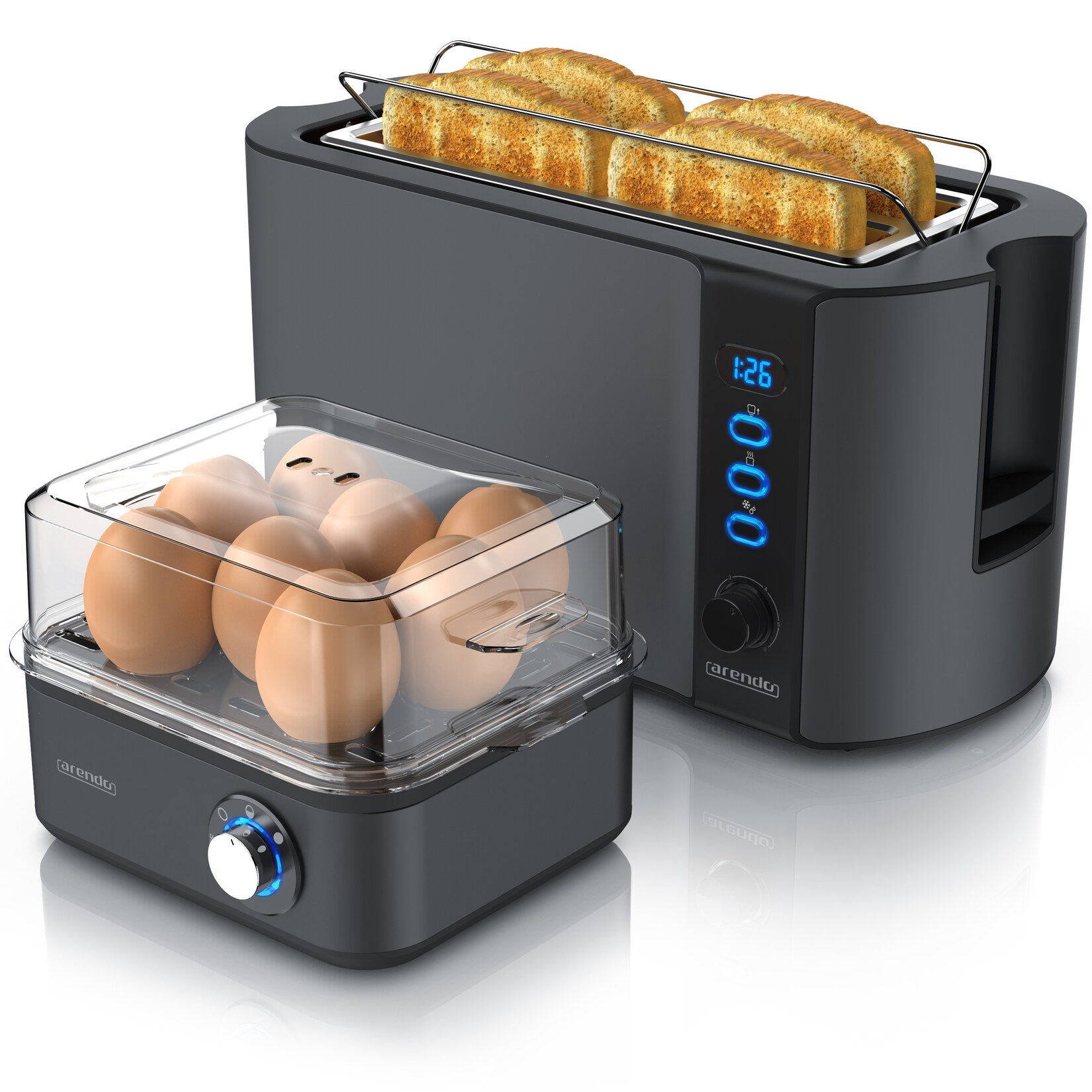 Arendo 2-teiliges Frühstücksset - 4-Scheiben Langschlitz Toaster, 8er Eierkocher, Grau