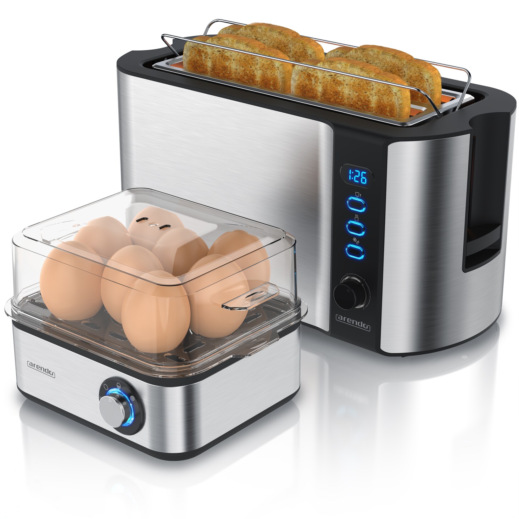 Arendo 2-teiliges Frühstücksset - 4-Scheiben Langschlitz Toaster, 8er Eierkocher, Silber
