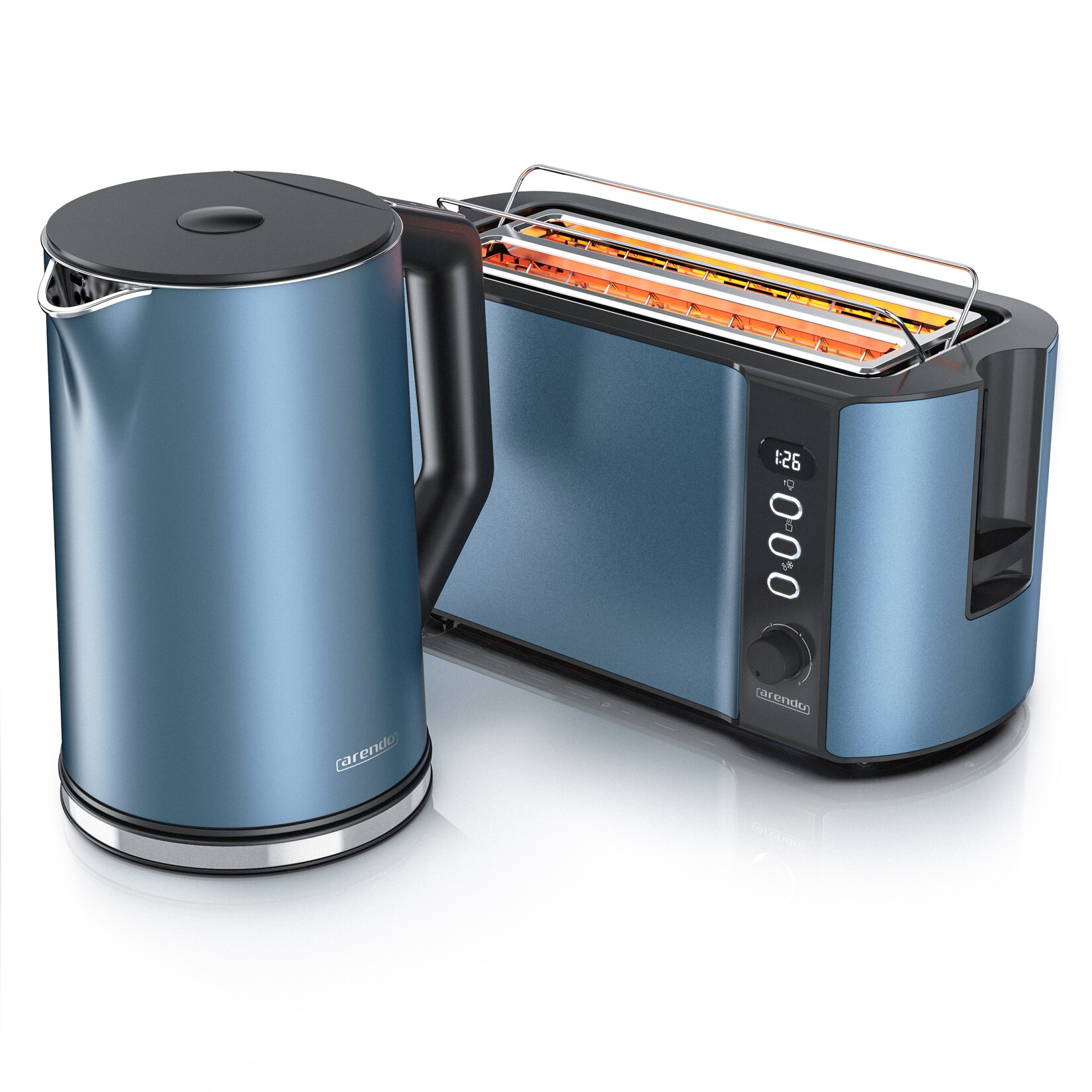 Arendo 2-teiliges Frühstücksset - Edelstahl Wasserkocher 1,5l, 4-Scheiben Langschlitz Toaster, Blau Matt