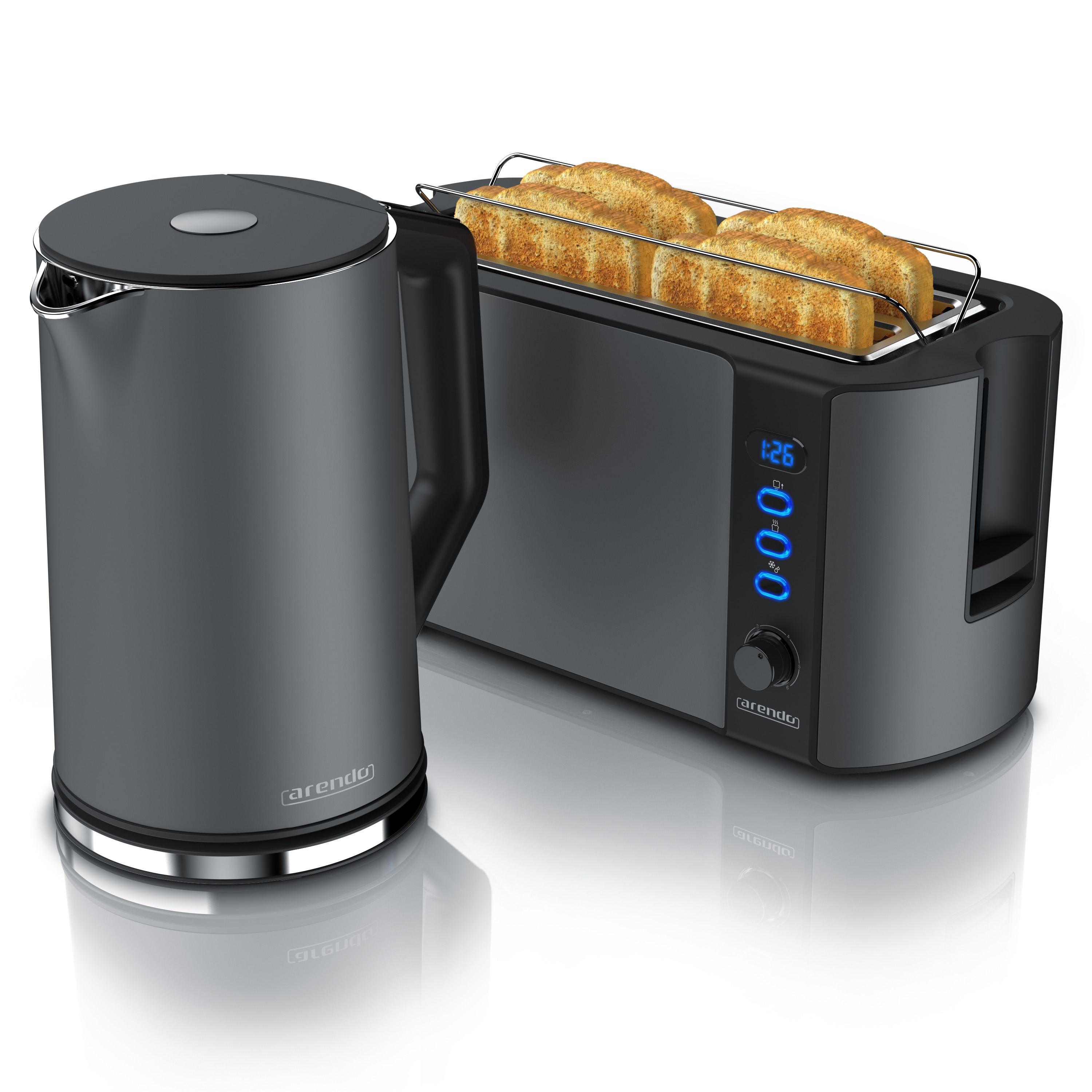 Arendo 2-teiliges Fr&uuml;hst&uuml;cksset - Edelstahl Wasserkocher 1,5l, 4-Scheiben Langschlitz Toaster, Grau 