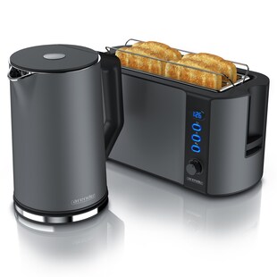 Arendo 2-teiliges Frühstücksset - Edelstahl Wasserkocher 1,5l, 4-Scheiben Langschlitz Toaster, Grau 