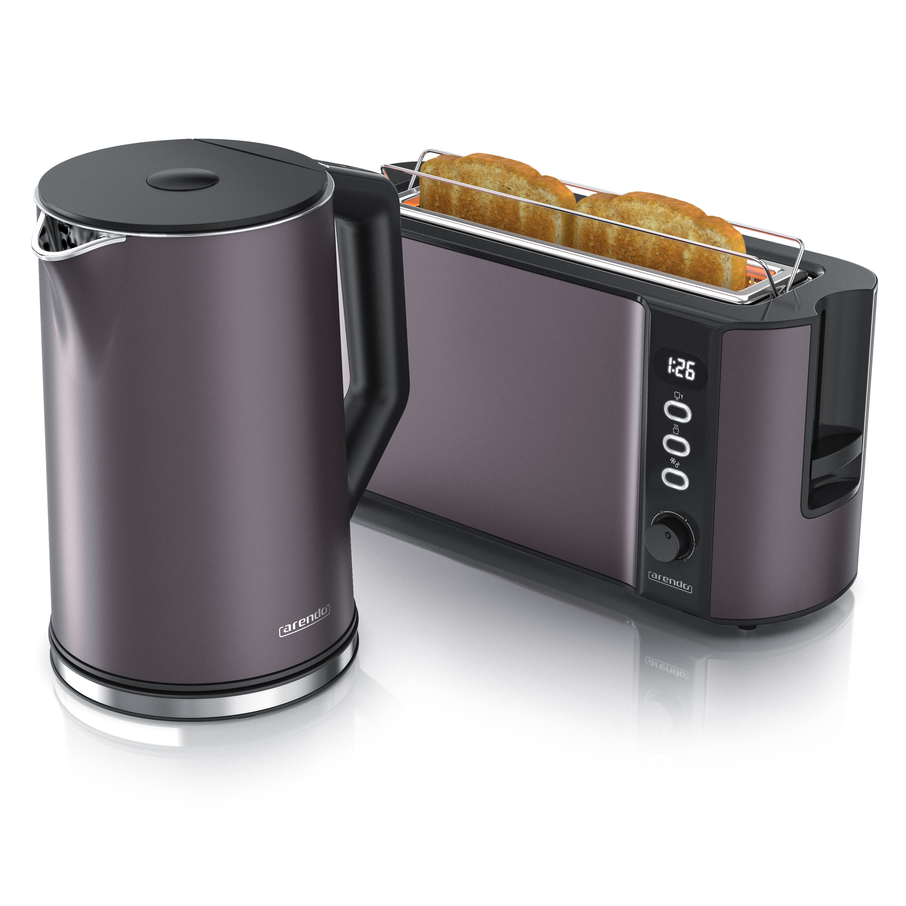 Arendo 2-teiliges Fr&uuml;hst&uuml;cks-Set, 1,5L Edelstahl Wasserkocher, 2-Scheiben Langschlitz Toaster, Grau 