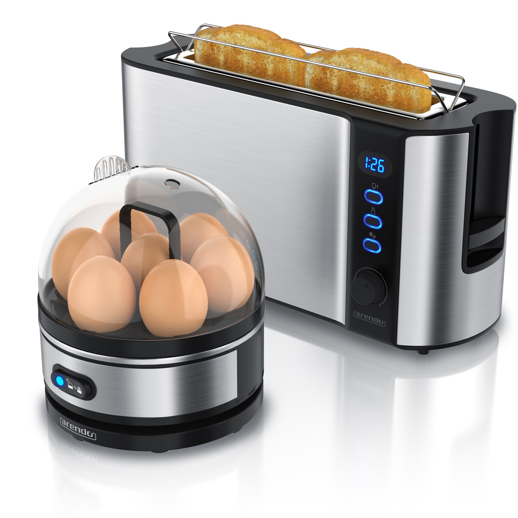 Arendo 2-teiliges Frühstücksset, 1000W Langschlitz Toaster für 2 Scheiben, Eierkocher SEVENCOOK, Silber