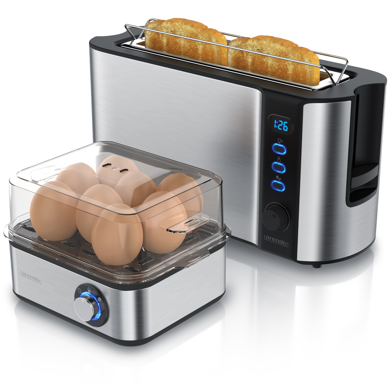Arendo 2-teiliges Frühstücksset, 2-Scheiben Langschlitztoaster FRUKOST, 8er Eierkocher, Silber