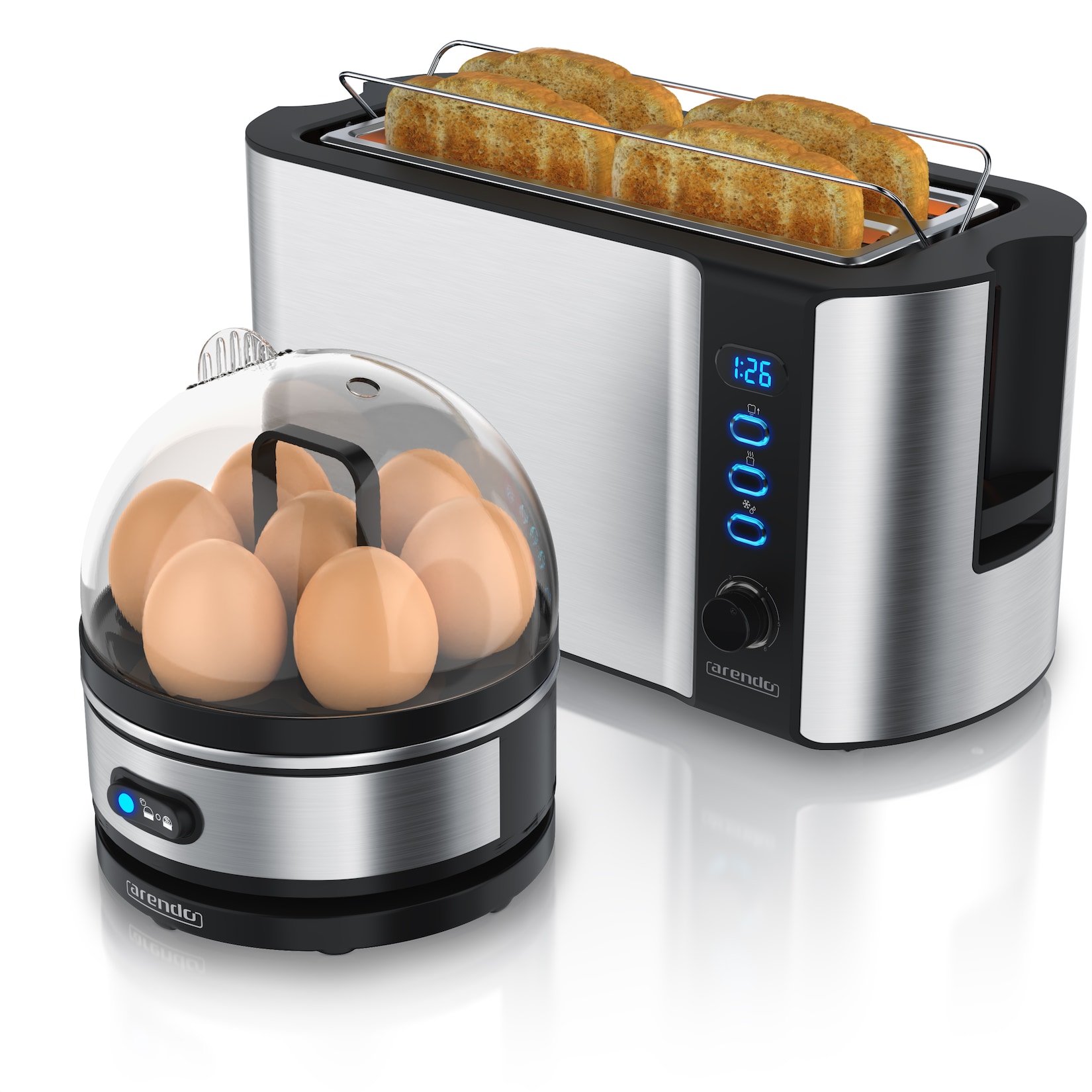 Arendo 2-teiliges Frühstücksset, 7er Eierkocher & Langschlitz Toaster für 4 Scheiben, Silber