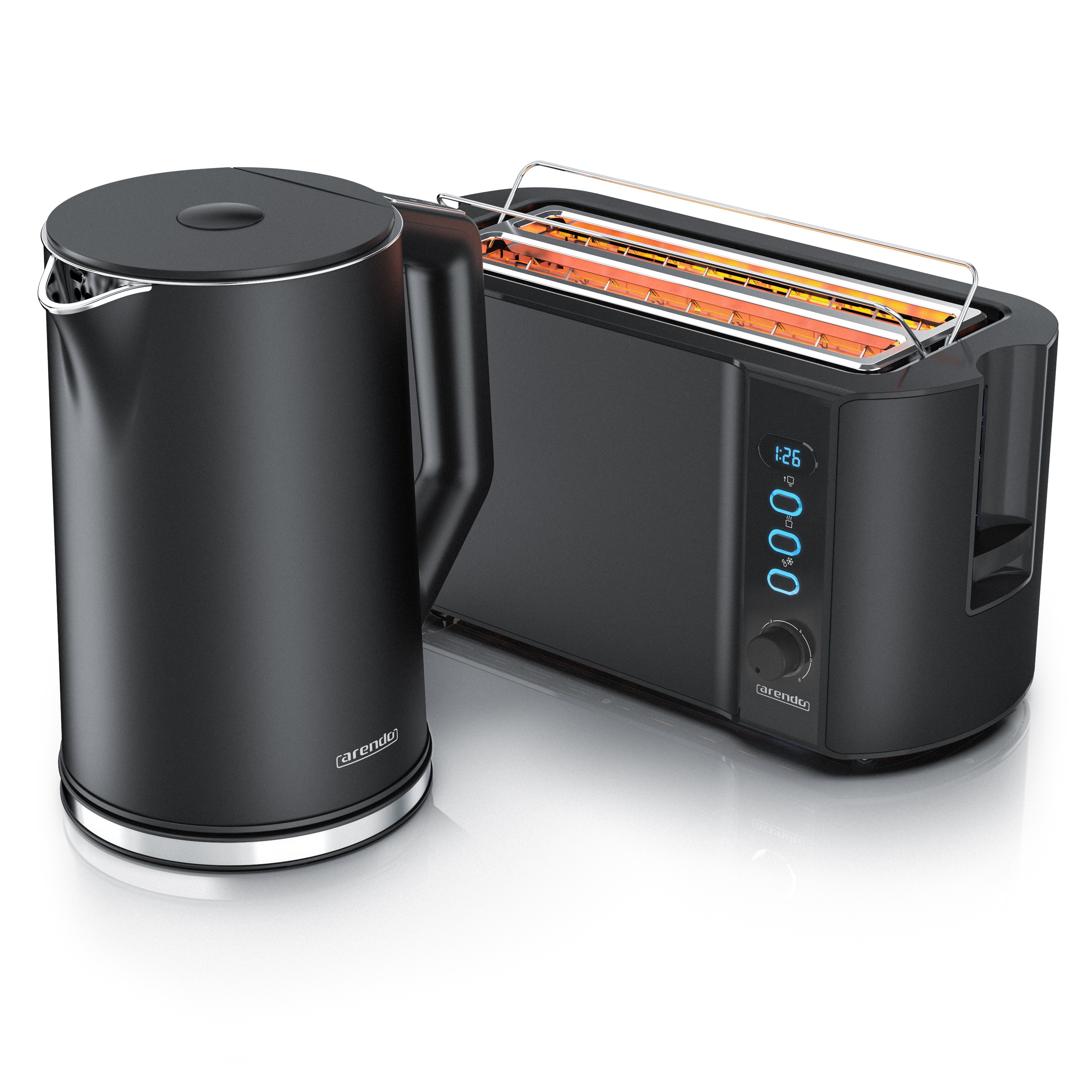 Arendo 2-teiliges Fr&uuml;hst&uuml;cks-Set, Edelstahl Wasserkocher ELEGANT 1,5l, 4-Scheiben Langschlitztoaster, Schwarz 